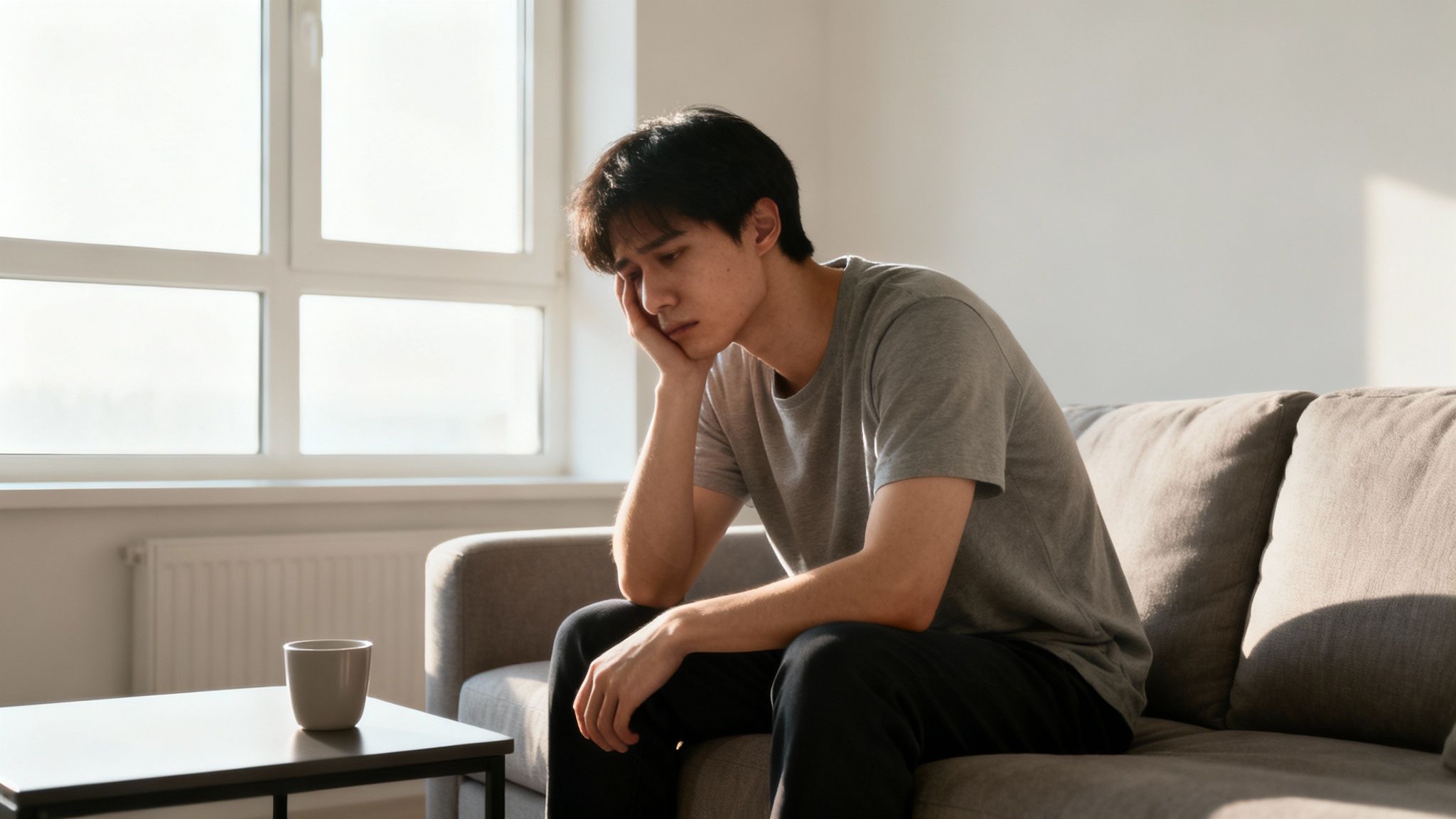Ein trauriger junger Mann sitzt nachdenklich und gestresst auf einem Sofa, möglicherweise aufgrund von hohem Kortisol.