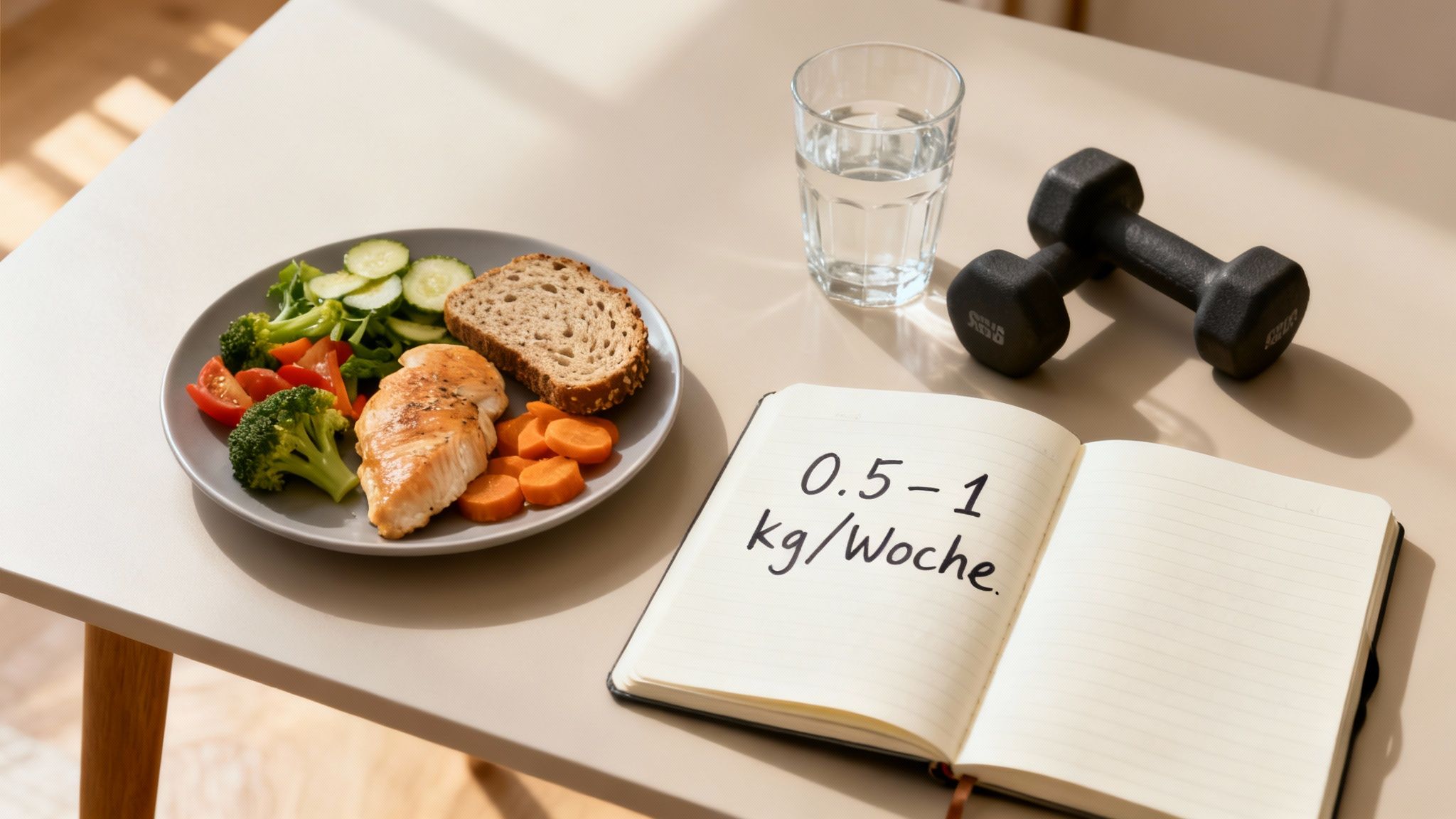 Gesunde Mahlzeit, Hanteln, Wasser und Notizbuch mit Gewichtsverlustziel von 0.5-1 kg/Woche.