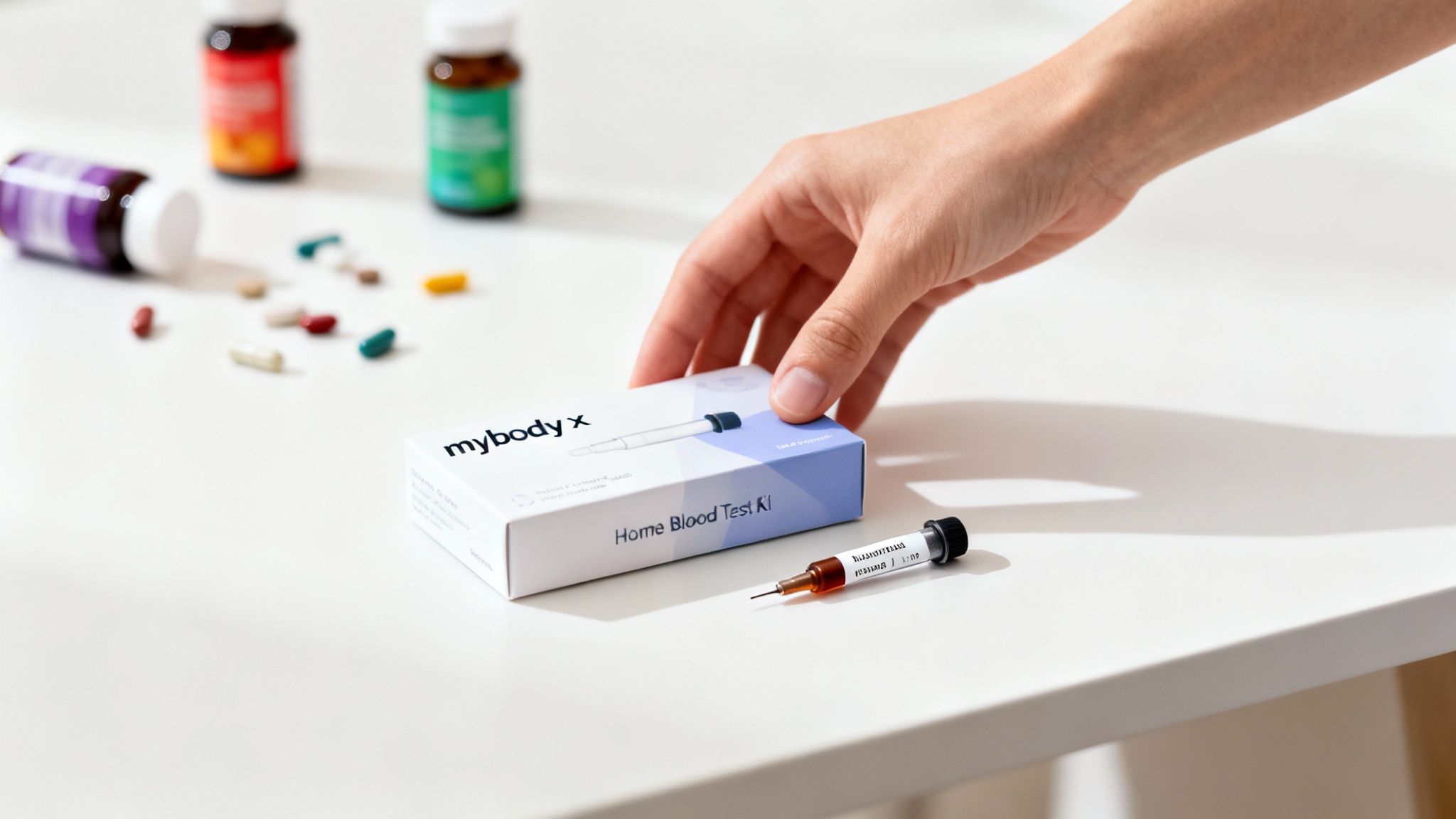 Eine Person hält eine Schachtel mit Nahrungsergänzungsmitteln in der Hand und schaut nachdenklich darauf.