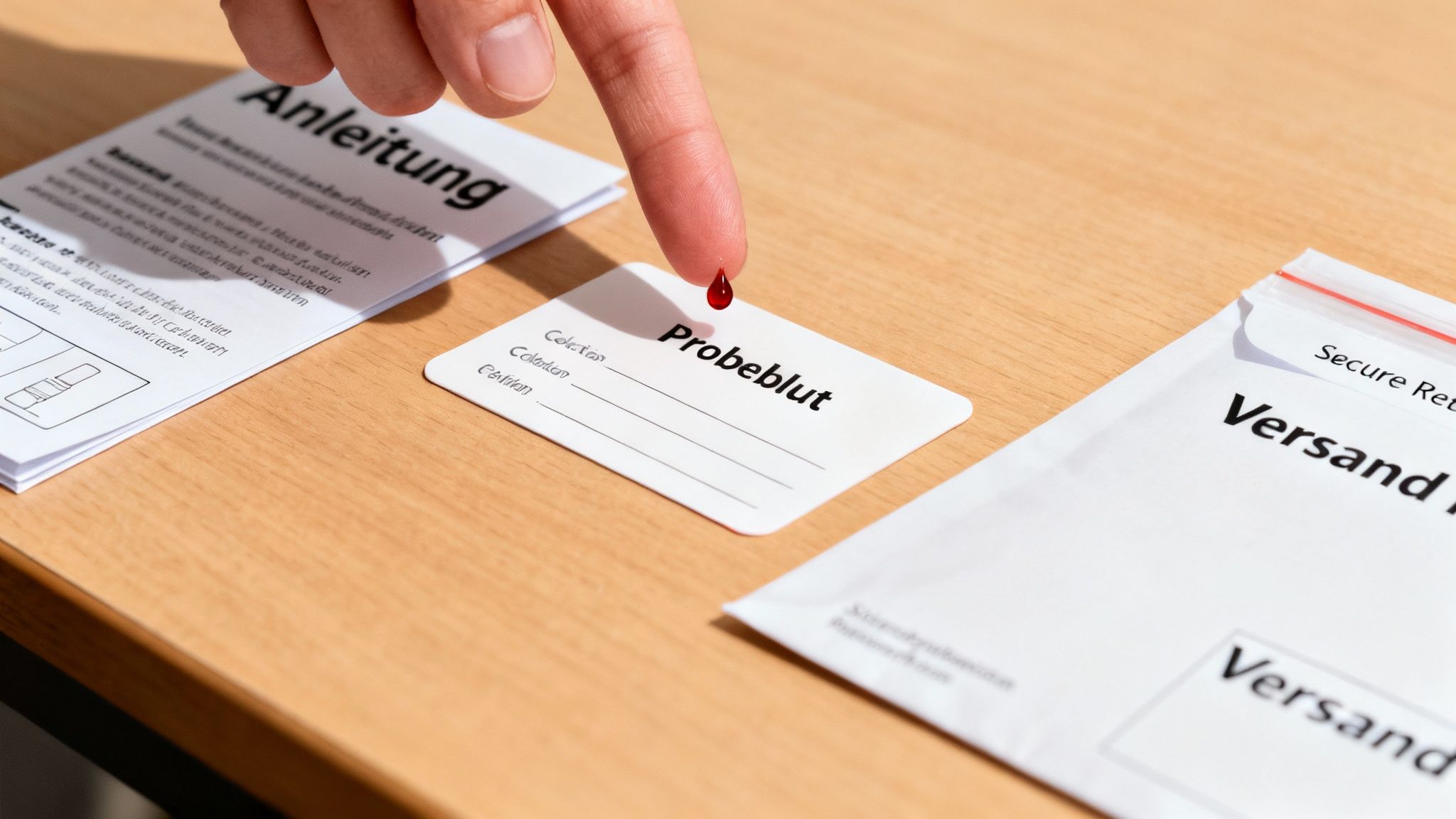 Ein Finger mit einem Blutstropfen über einer Karteikarte mit der Aufschrift 'Probeblut' für einen Test.