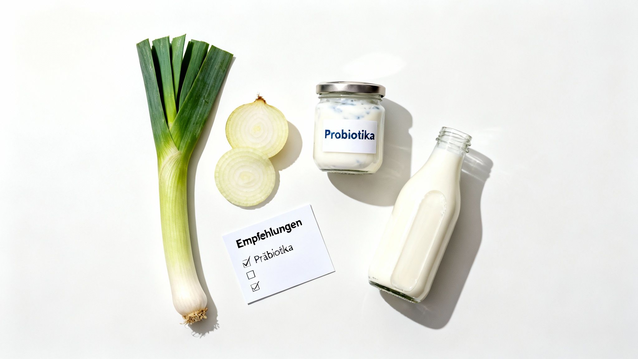 Lauch, Zwiebelringe, ein Glas Probiotika und eine Empfehlungskarte für Präbiotika zur Darmgesundheit.
