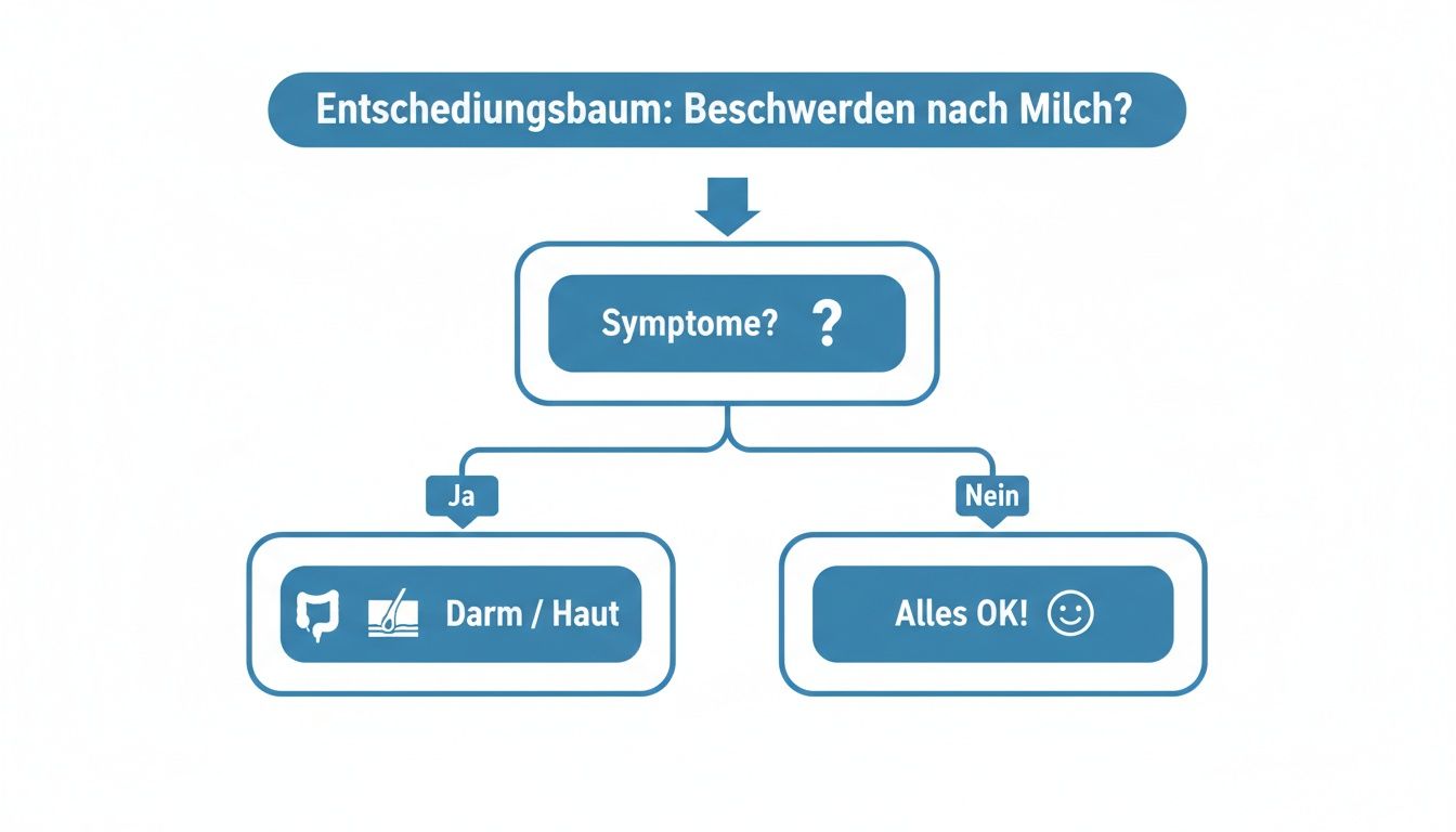 Entscheidungsbaum zur Abklärung von Beschwerden nach Milchkonsum, der Fragen zu Symptomen und möglichen Auswirkungen auf Darm oder Haut stellt.
