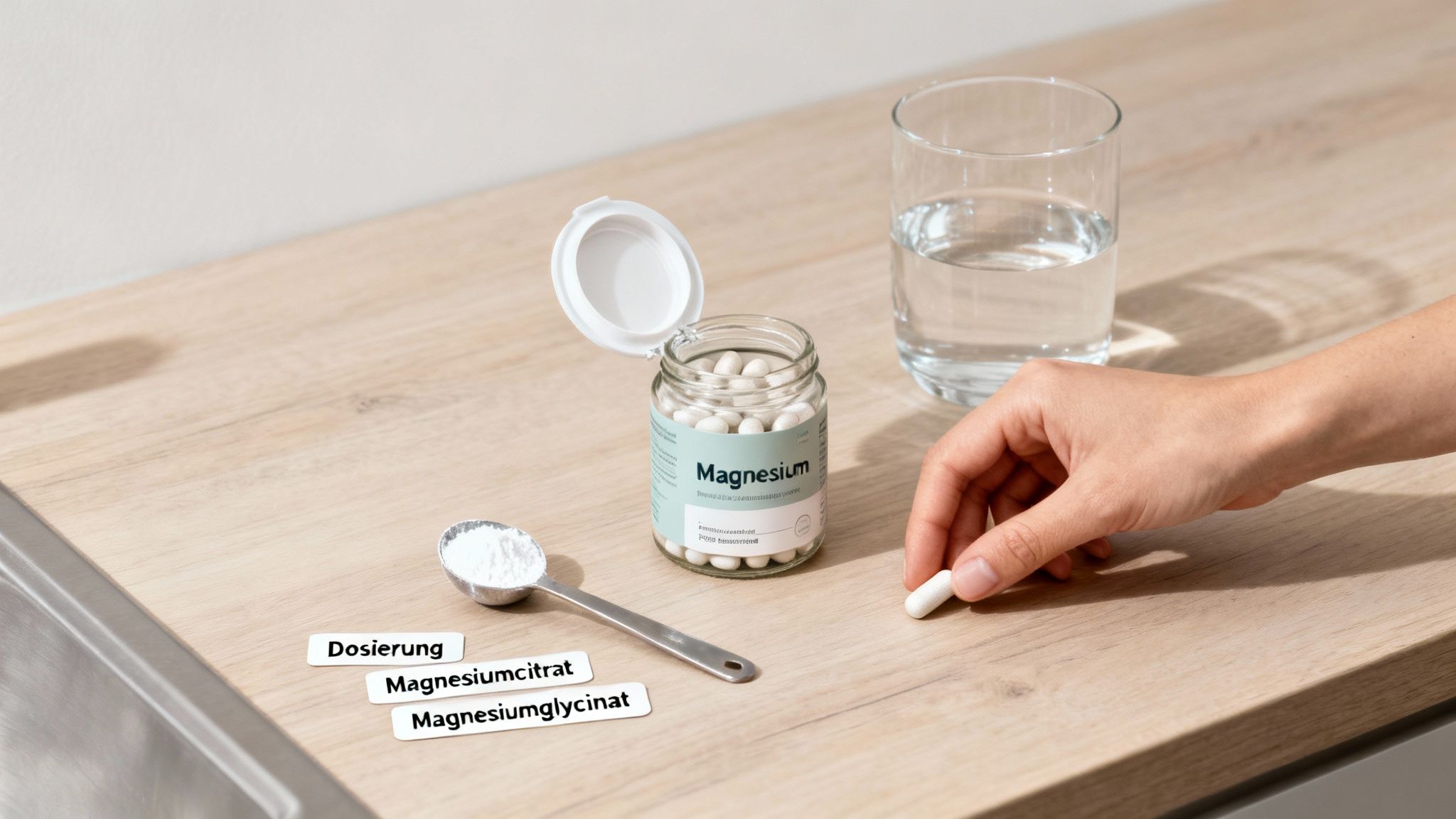 Eine Hand nimmt eine Magnesiumkapsel neben einem Glas Wasser und einem geöffneten Magnesiumfläschchen.