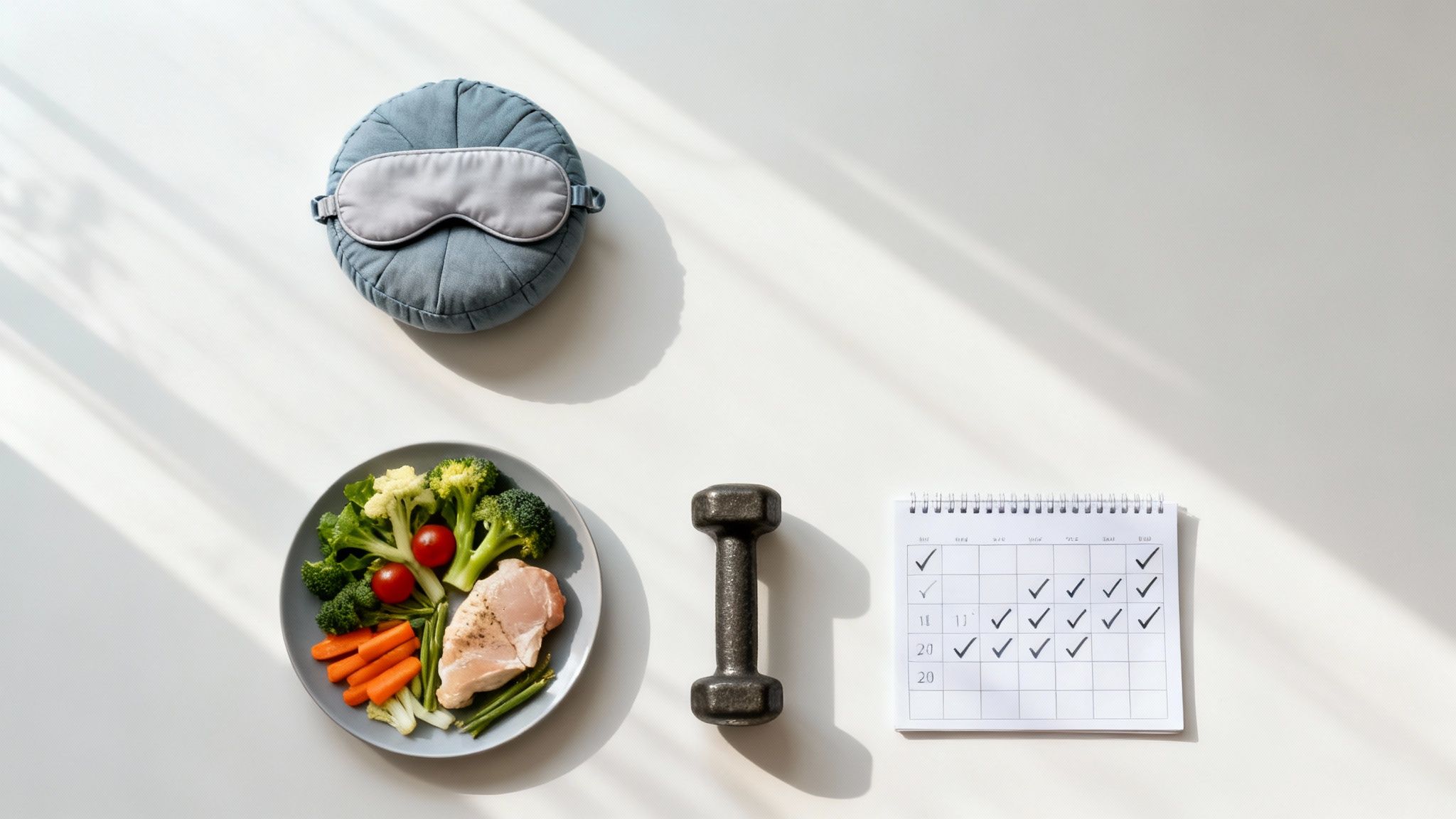Flachgelegte Ansicht von gesunden Lebensstil-Elementen: Schlafmaske, Essen, Hantel und Kalender mit Checkmarks.