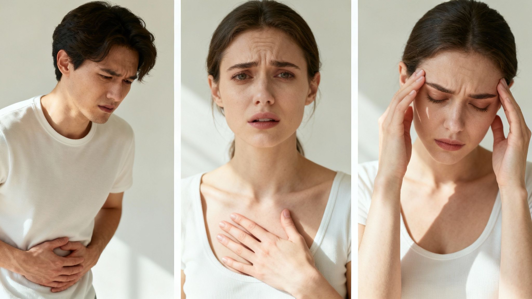 Eine Person hält eine Kaffeetasse, schaut aber nachdenklich und berührt leicht den Magen, was auf Unwohlsein hindeutet.