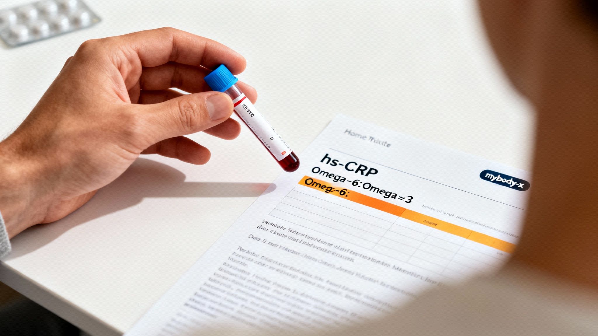 Hand hält Blutprobe über Testergebnissen für hs-CRP und Omega-Fettsäuren auf einem Tisch.