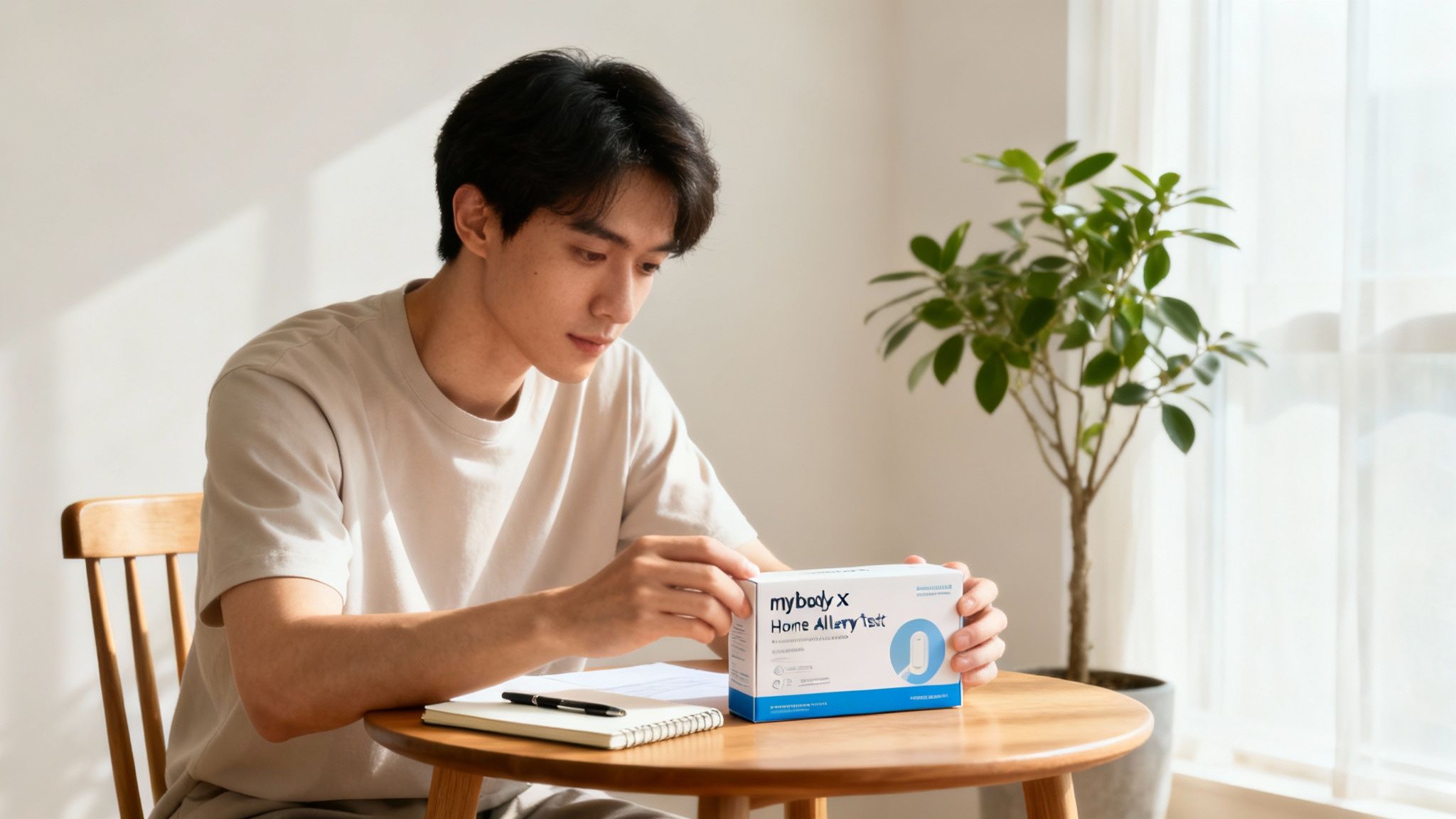 Eine Frau hält einen mybody-x Allergietest in der Hand und schaut nachdenklich aus dem Fenster.