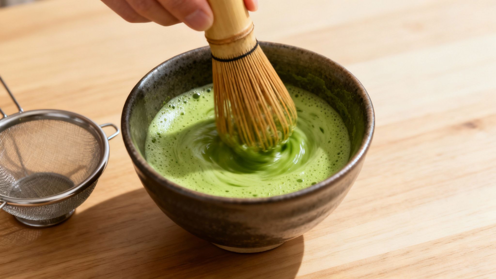 Eine Person bereitet Matcha Tee in einer traditionellen Schale zu.