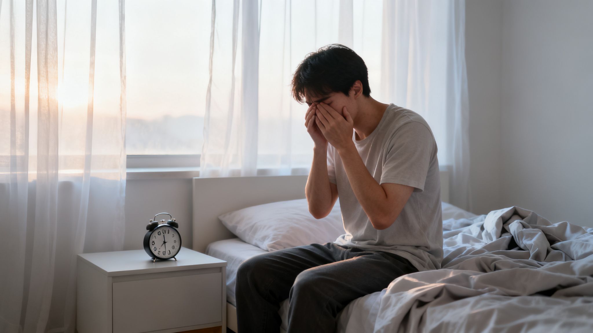 A young man rubs his tired eyes in bed in the morning; sunlight falls into the room.