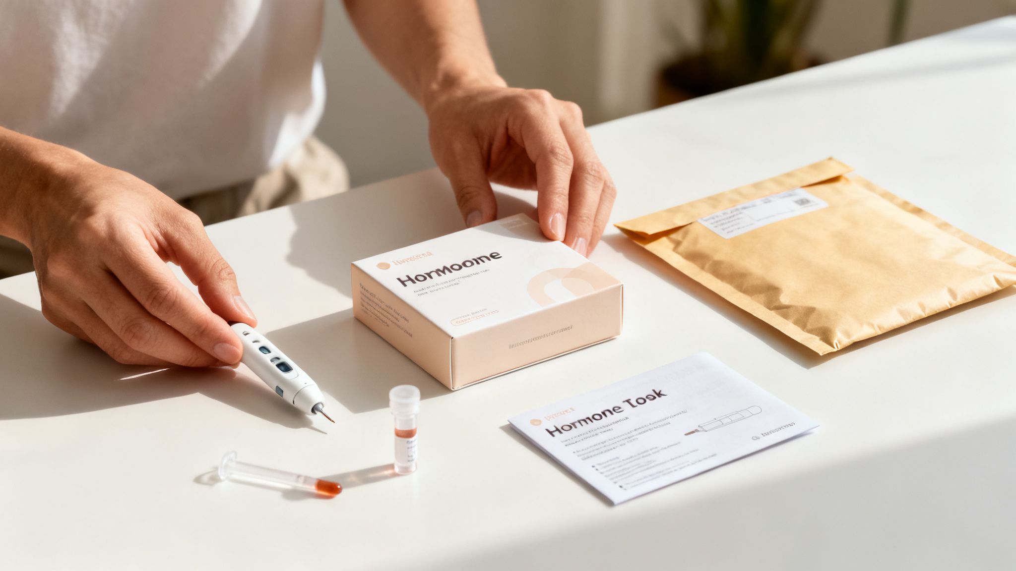 Hände einer Person bereiten ein Hormontestkit mit Lanzette, Blutröhrchen und Anleitung auf einem weißen Tisch vor.