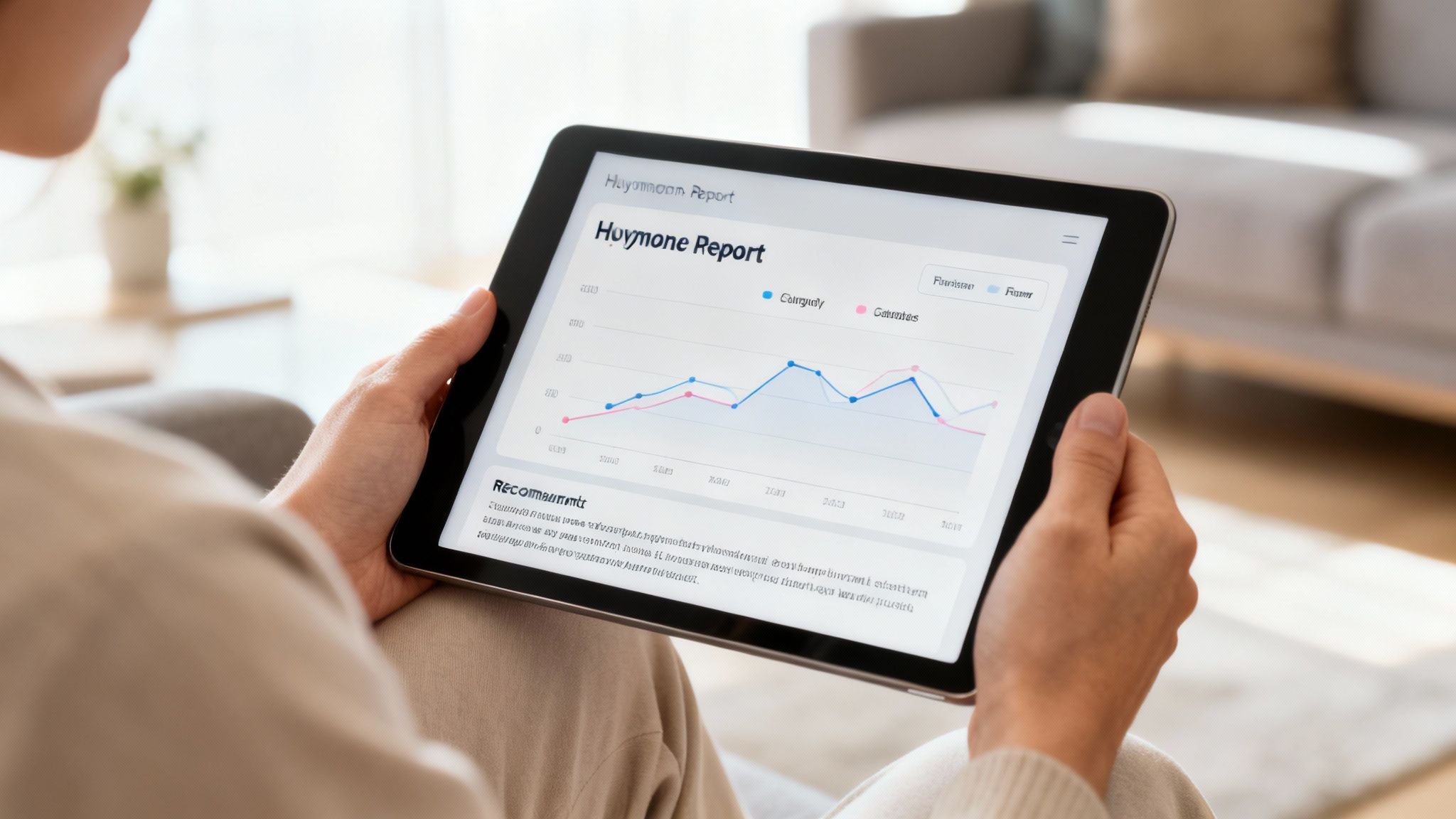 Eine Person hält ein Tablet mit einem Hormonbericht und einem Liniendiagramm in den Händen.