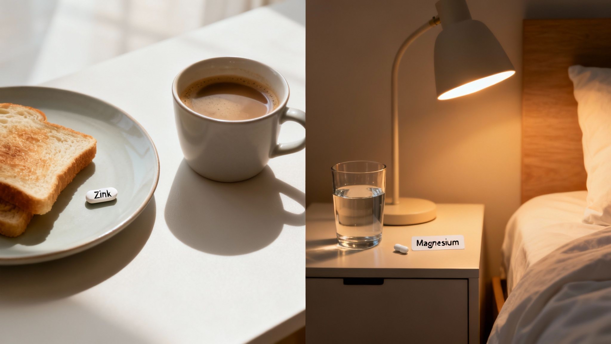 Eine Person hält eine Kapsel in der Hand, ein Glas Wasser steht daneben.