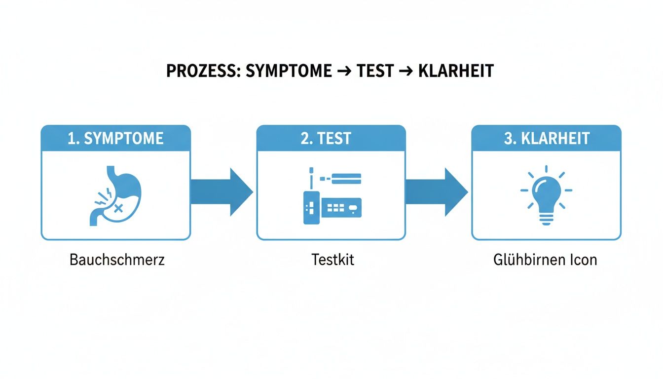 Diagramm zeigt den Prozess von Symptomen (Bauchschmerz) über einen Test (Testkit) zu Klarheit (Glühbirne).