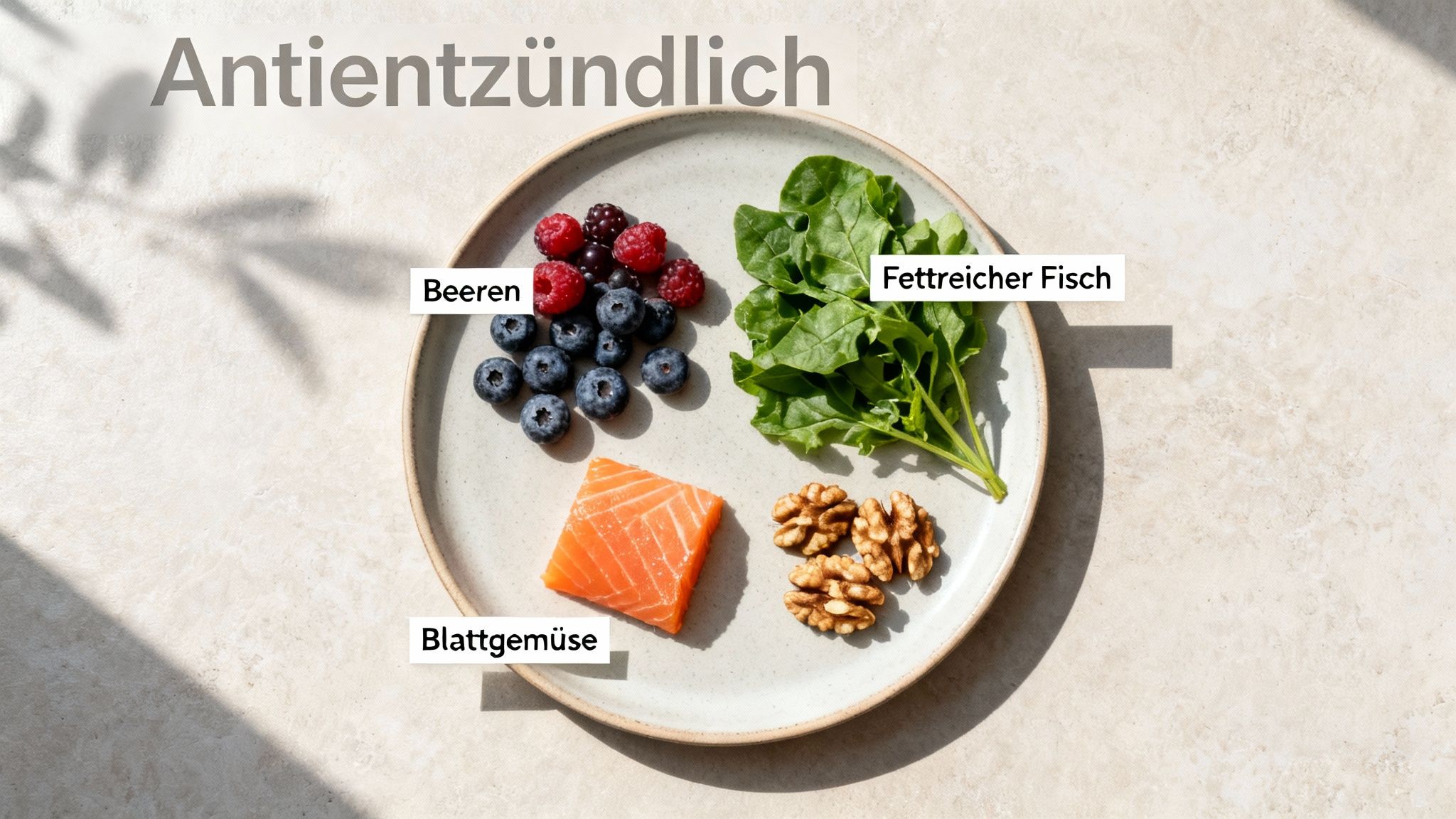 Ein Teller mit antientzündlichen Lebensmitteln wie Beeren, Lachs, Blattgemüse und Walnüssen.