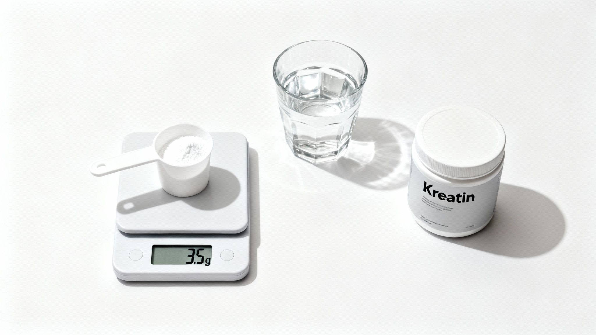 Eine Person hält einen Löffel mit Kreatinpulver über einen Shaker, im Hintergrund sind Fitnessgeräte zu sehen.