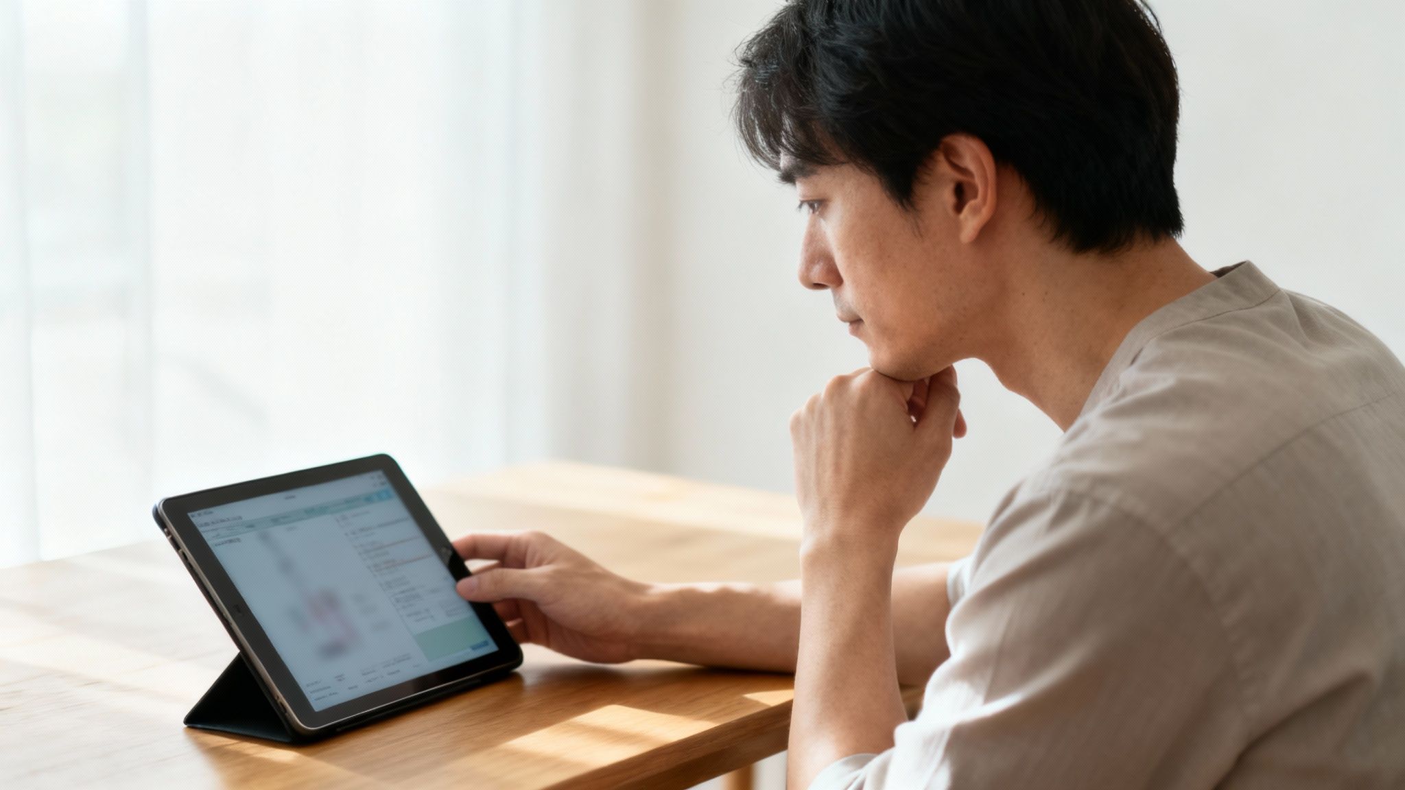 Asiatischer Mann schaut konzentriert auf sein Tablet, sitzend an einem sonnigen Holztisch.