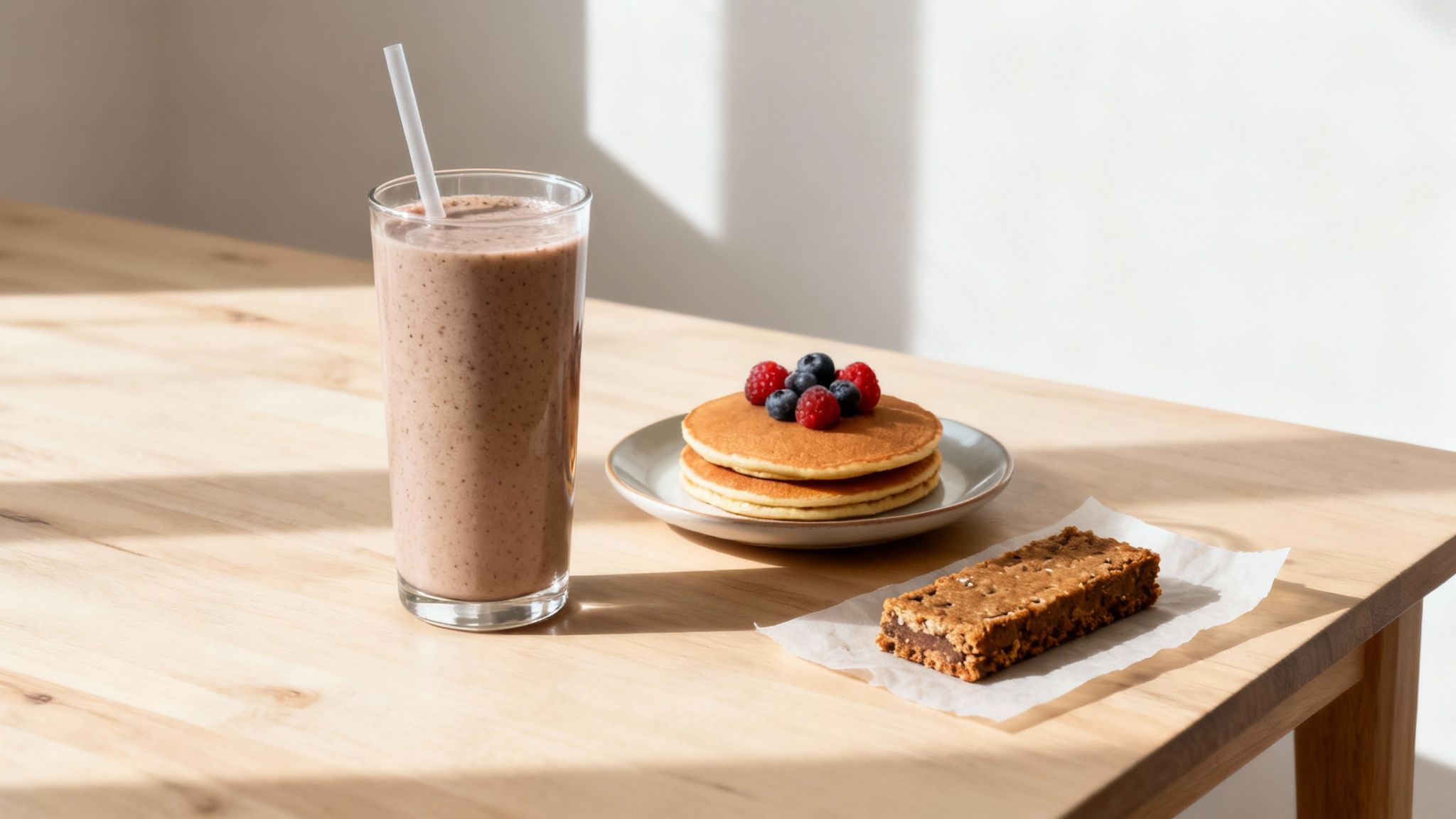 Eine Schüssel mit einem cremigen Smoothie, garniert mit frischen Beeren und Nüssen, neben einem Glas mit einem veganen Proteinshake.