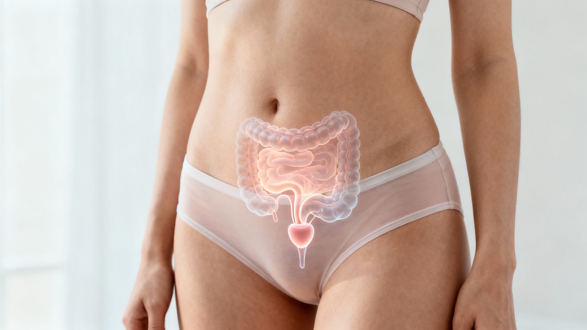 Primo piano dell'addome di una donna con una rappresentazione trasparente dell'intestino e della vescica.