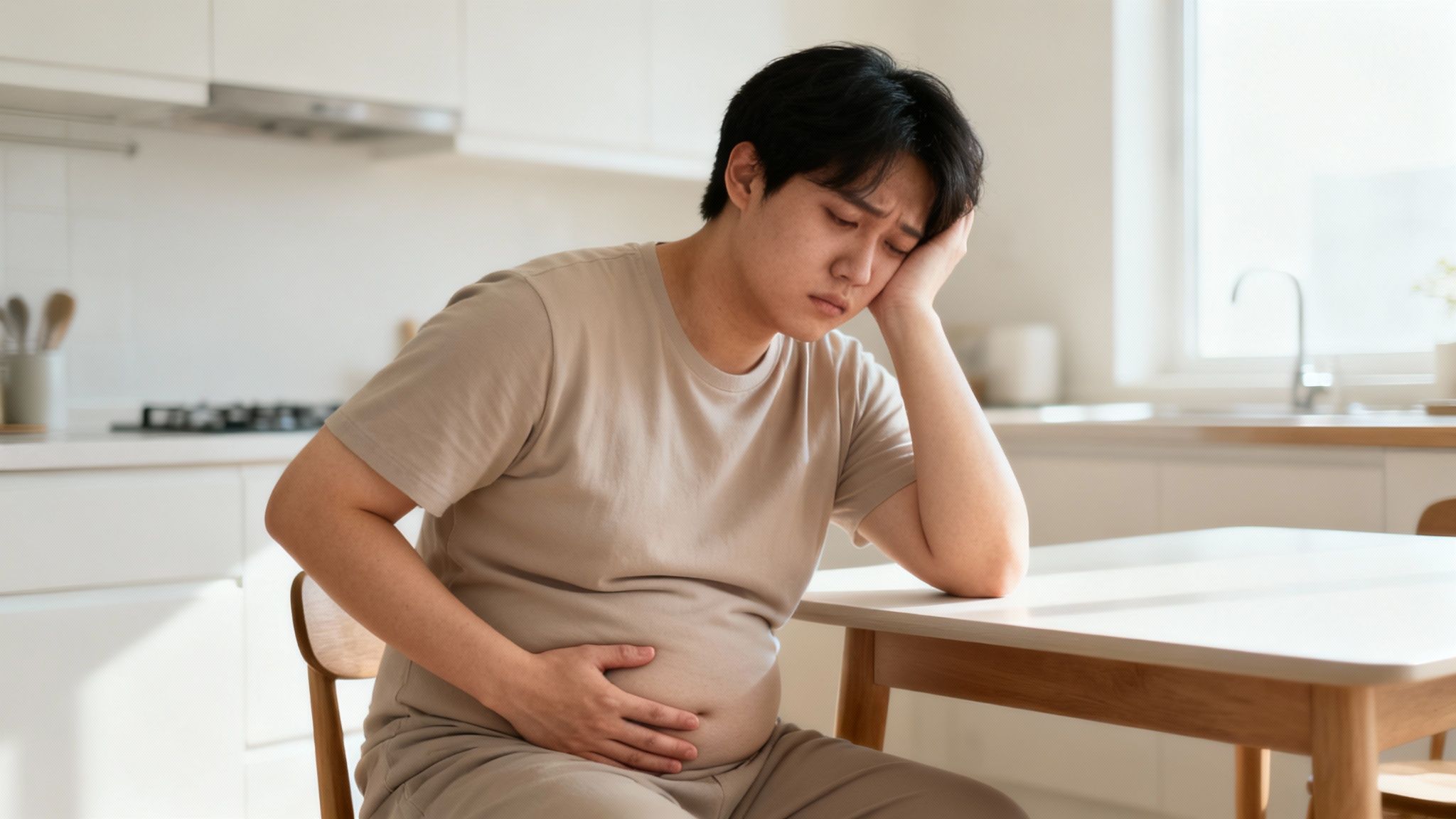Ein asiatischer Mann leidet unter Bauchschmerzen, hält seinen Bauch und sitzt deprimiert in einer hellen Küche.