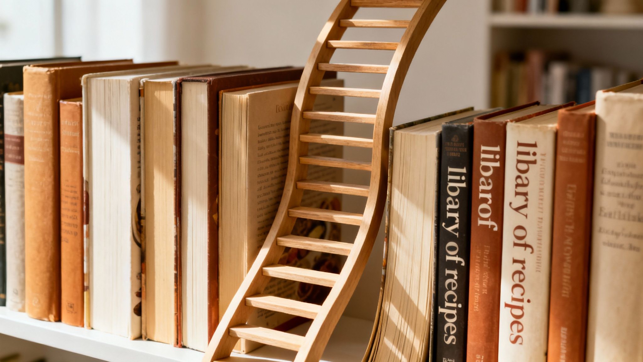 Ein Bücherregal mit einer Reihe alter Bücher, darunter „library of recipes“, und einer Holzleiter.