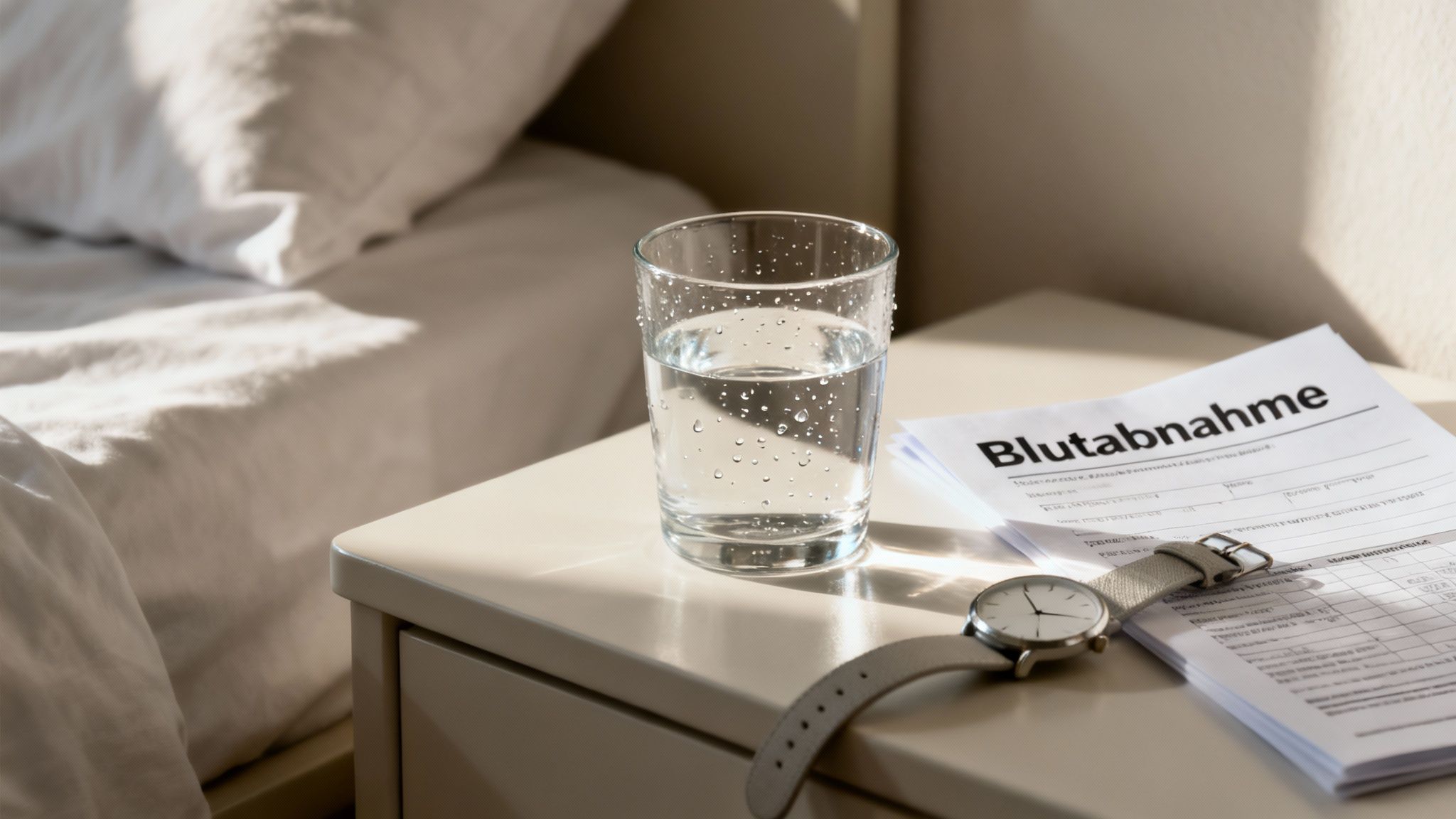 Eine Person trinkt vor einer Blutabnahme ein Glas Wasser.