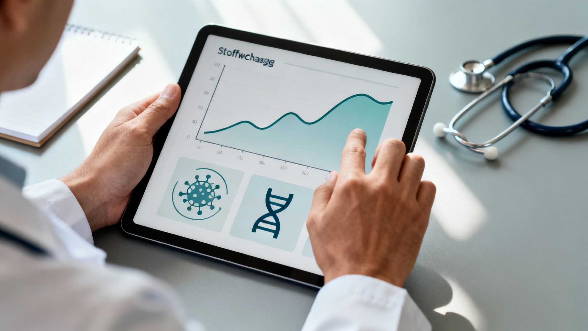 Arzt tippt auf ein Tablet mit medizinischen Daten und einem Stoffwechsel-Diagramm, daneben ein Stethoskop.