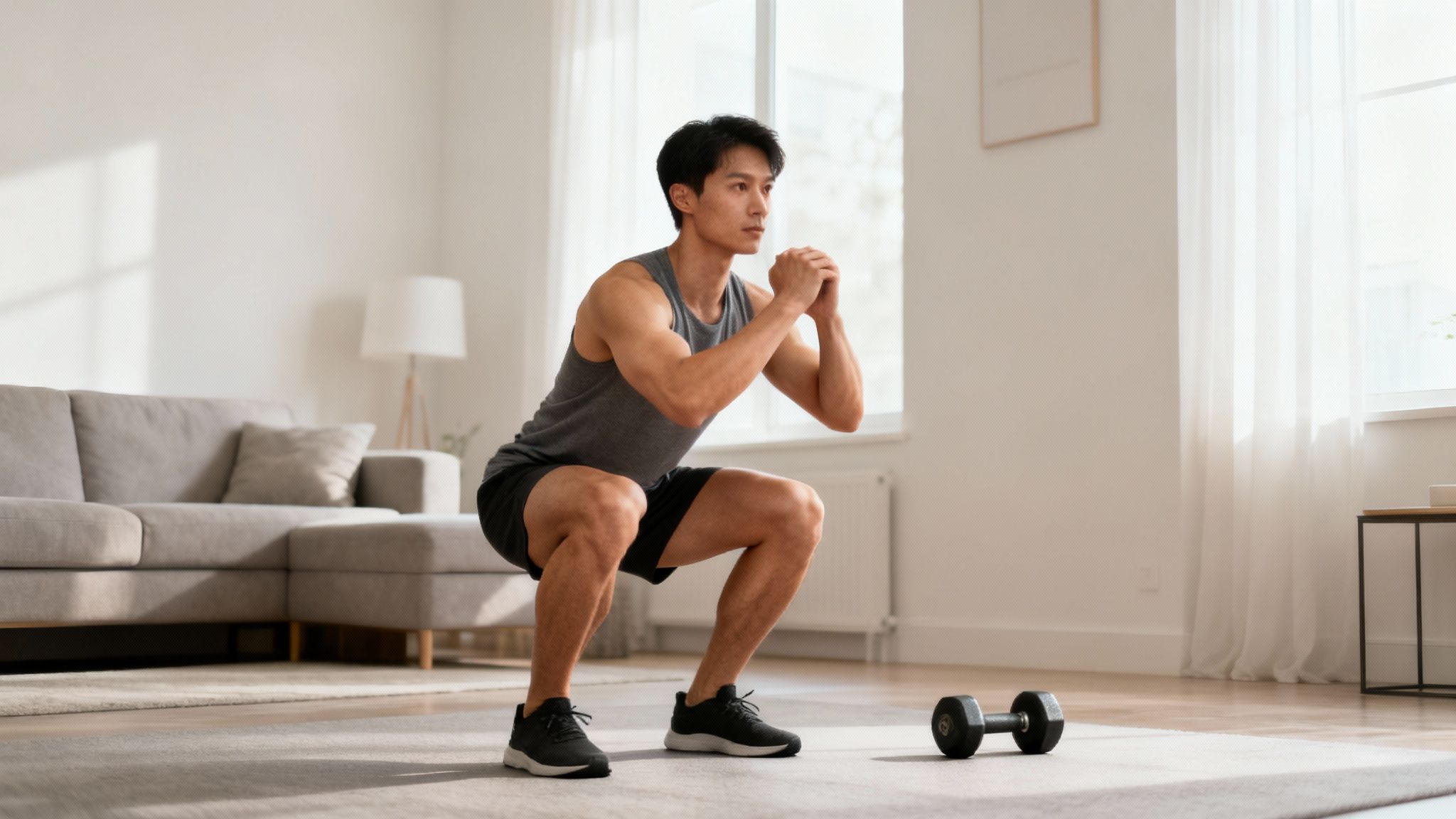 Junger Mann macht Kniebeugen im hellen Wohnzimmer, mit einer Hantel auf dem Boden.