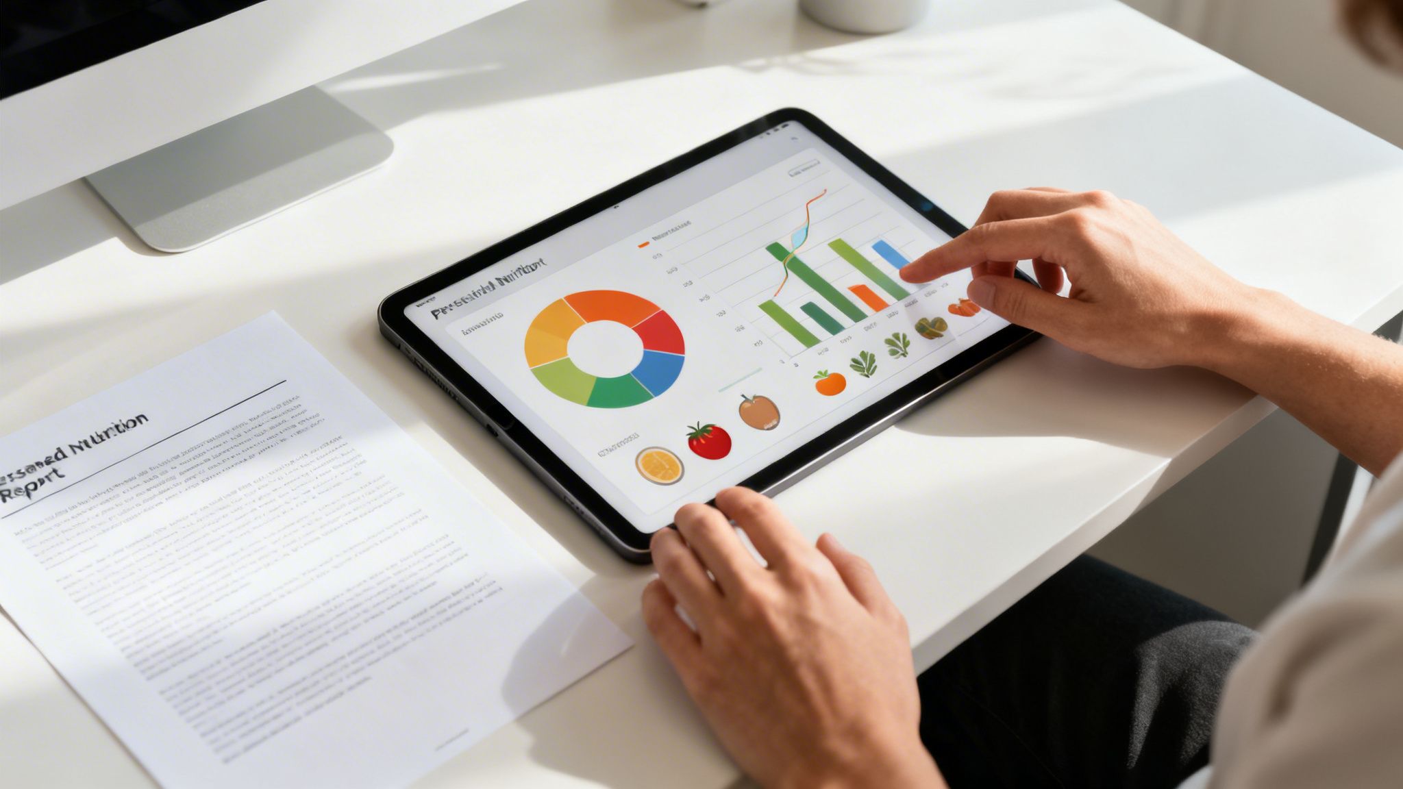 Eine Person tippt auf einem Tablet, das eine personalisierte Ernährungsanalyse mit Diagrammen und Lebensmittelbildern zeigt, auf einem weißen Schreibtisch.