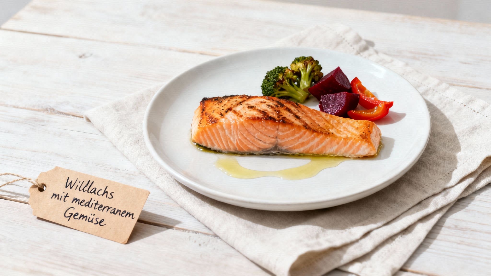 Gegrilltes Lachsfilet mit Brokkoli, Roter Bete und Paprika auf weißem Teller mit Olivenöl.