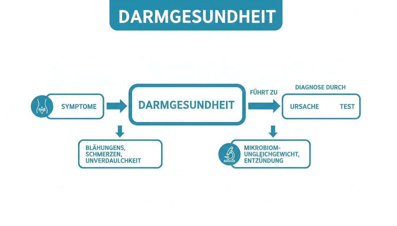 Diagramma di flusso sulla salute intestinale, che illustra sintomi, cause (microbioma) e opzioni diagnostiche.
