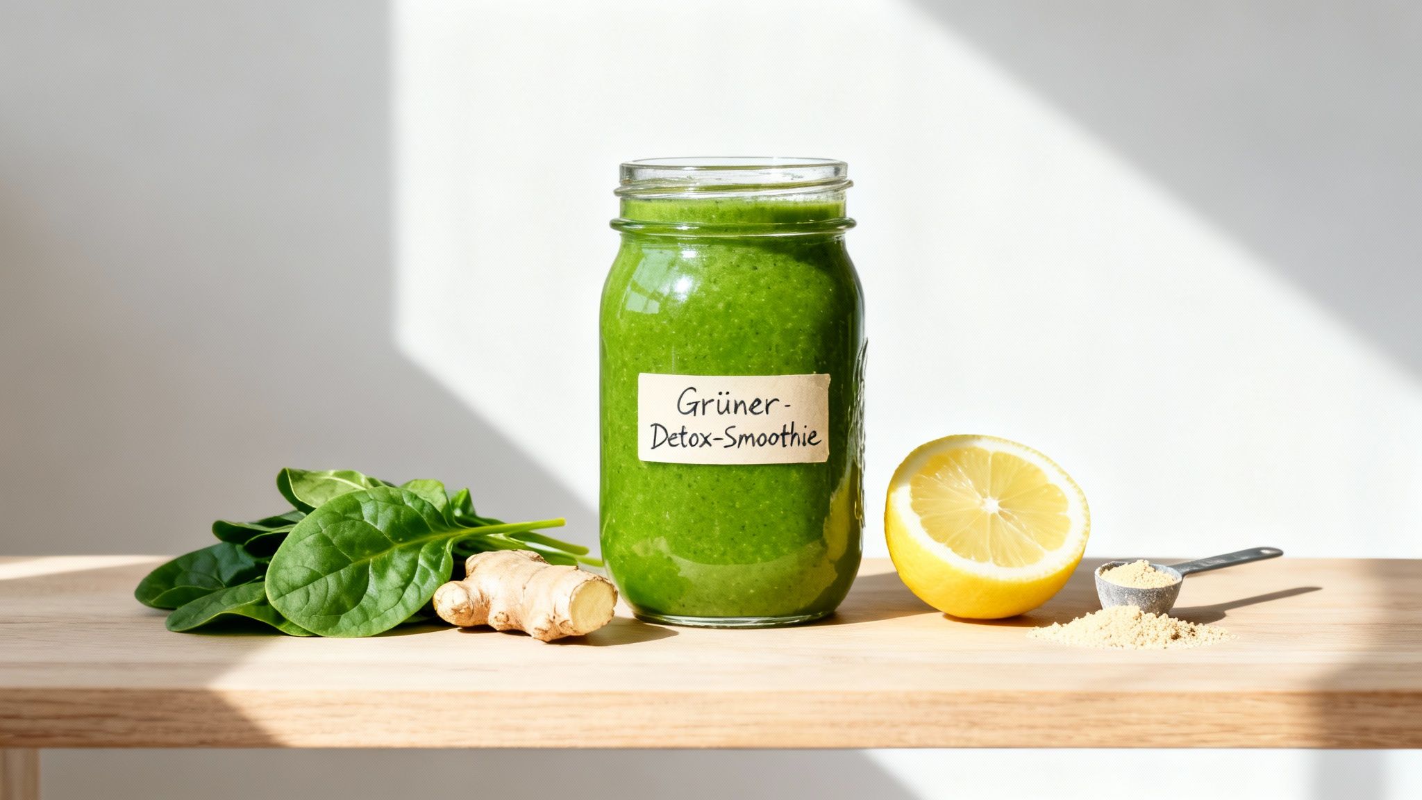 Grüner Detox-Smoothie in einem Glas mit Spinat, Ingwer und Zitrone auf Holz.