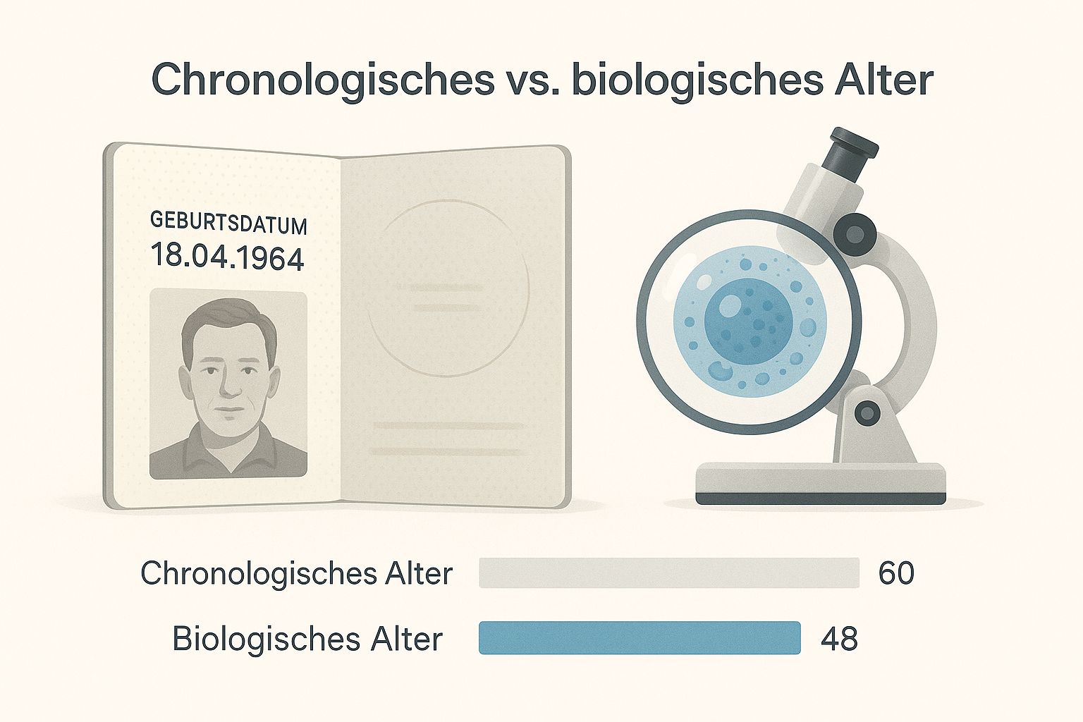 Infografik, die das chronologische Alter (Pass) mit dem biologischen Alter (Zelle) vergleicht