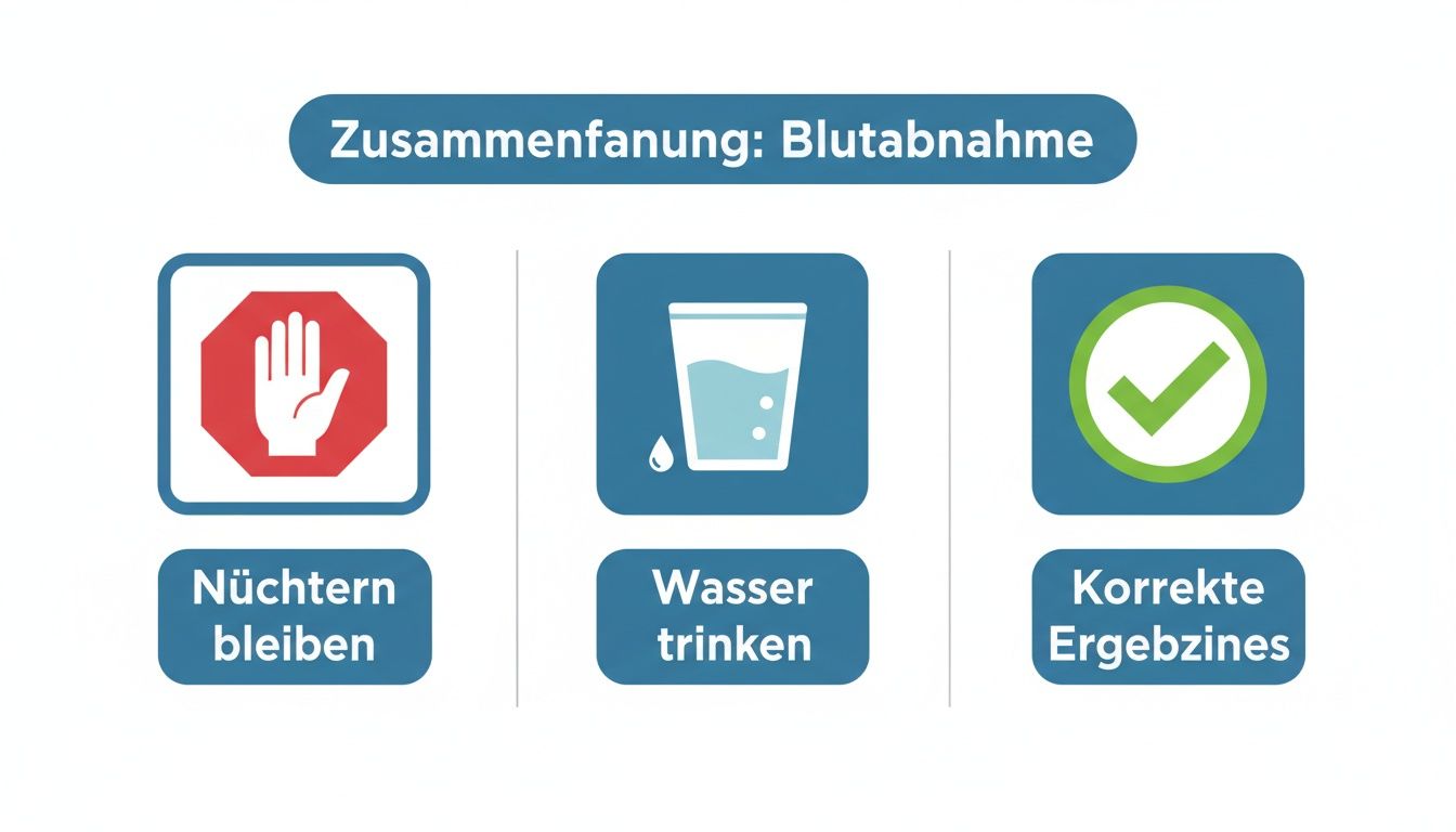 Infografik zur Blutabnahme: Nüchtern bleiben, Wasser trinken für korrekte Ergebnisse.