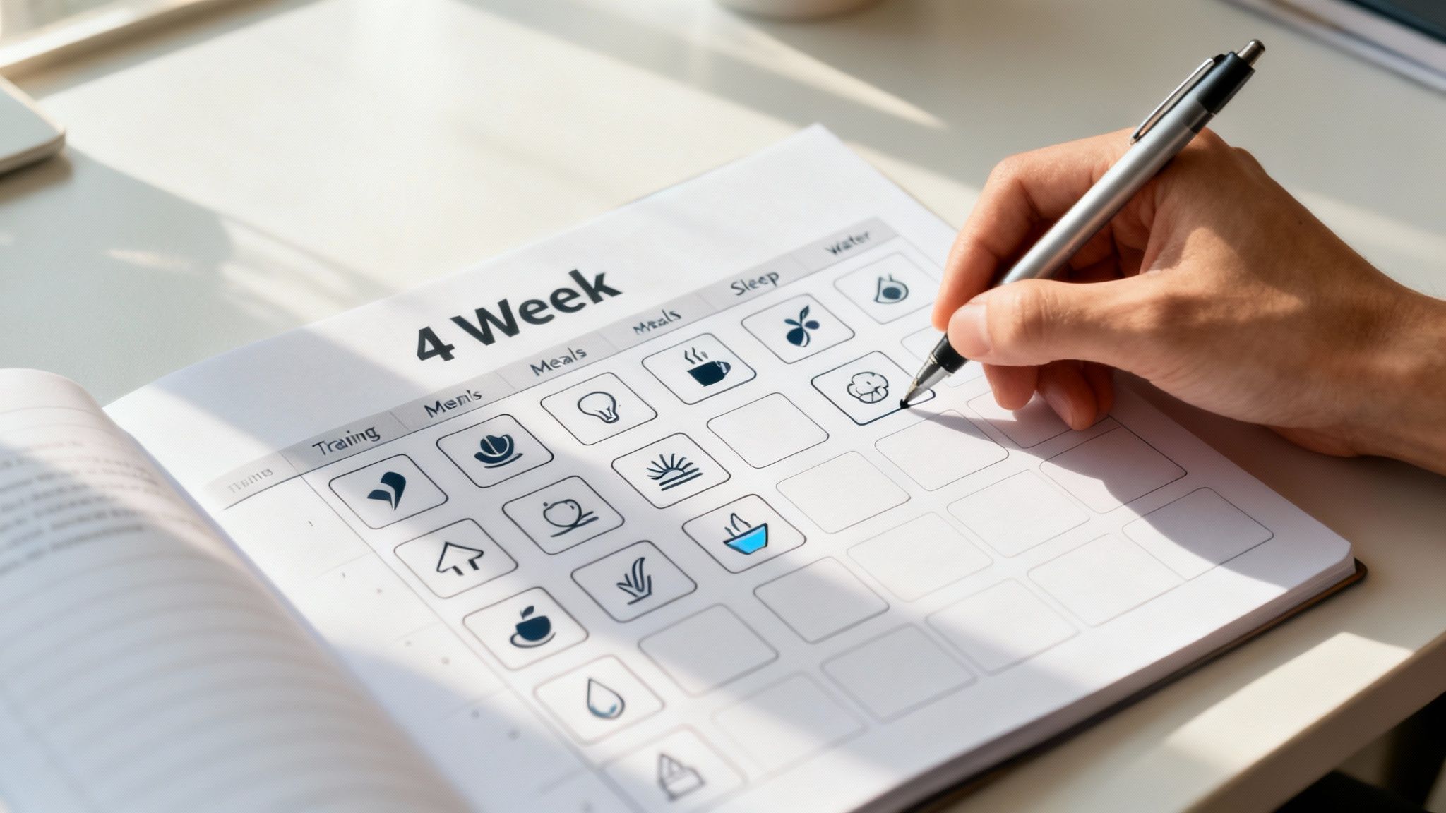 Hand markiert einen 4-Wochen-Gesundheits-Tracker für Training, Mahlzeiten, Schlaf und Wasser.