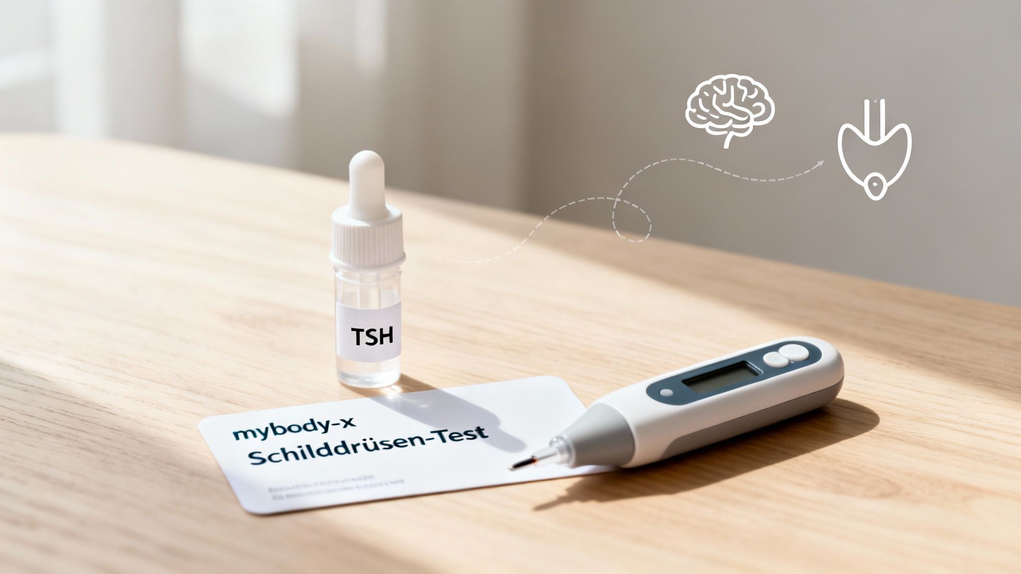 Kit de teste de tireoide TSH com frasco de teste, lanceta e gráfico cérebro-tireoide sobre mesa de madeira.