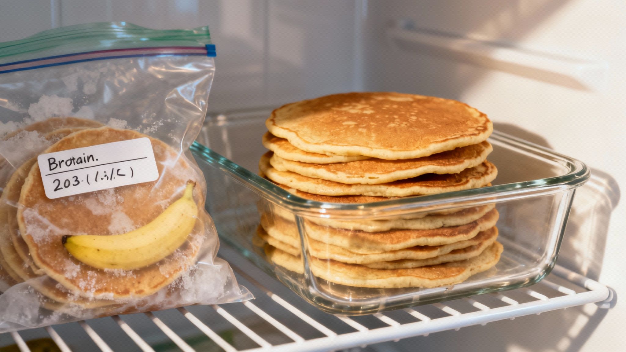 Eine Person legt sorgfältig vorbereitete Protein-Pancakes in eine Vorratsdose für das Meal Prep.