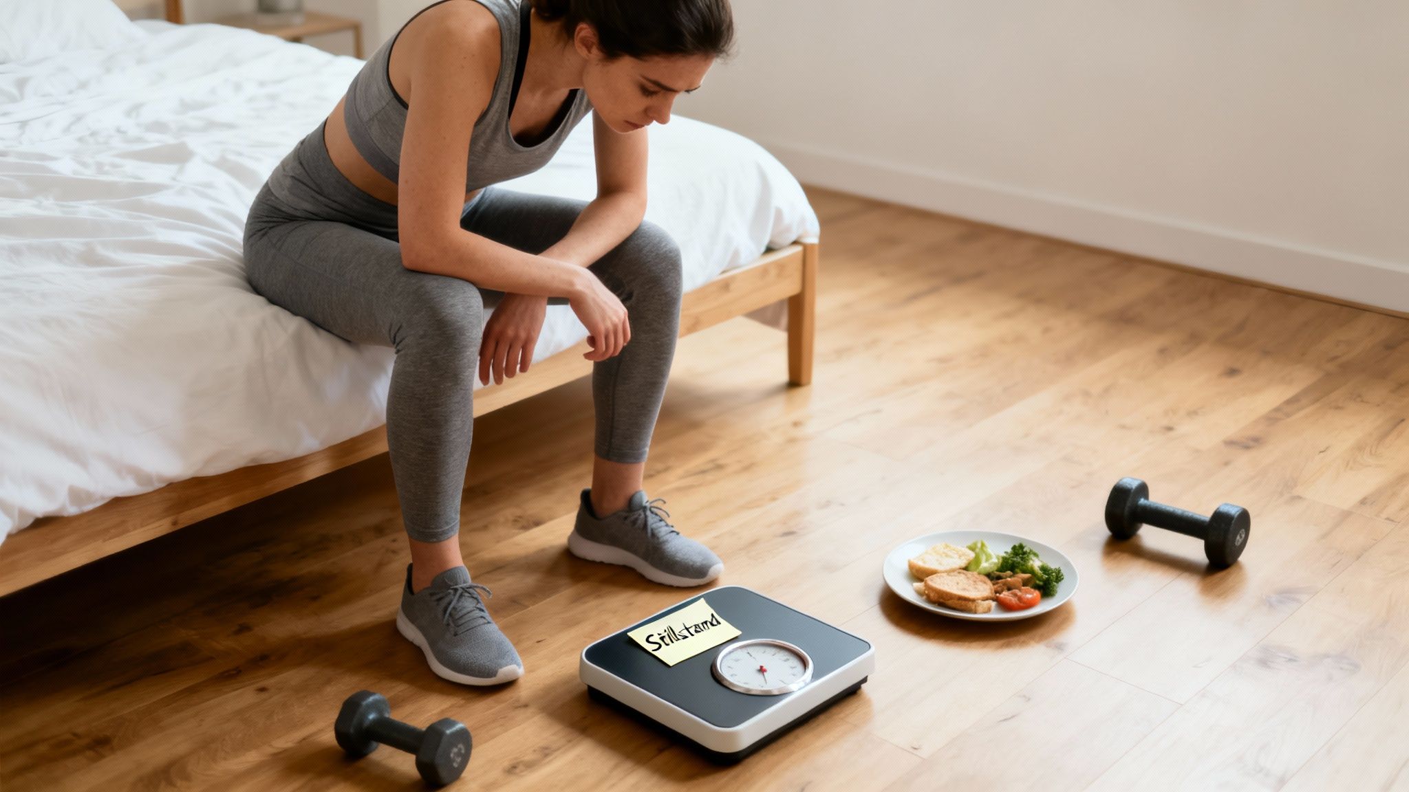 Eine traurige Frau in Sportkleidung blickt auf eine Waage mit der Notiz 'Stillstand', daneben gesunde Speisen und Hanteln.