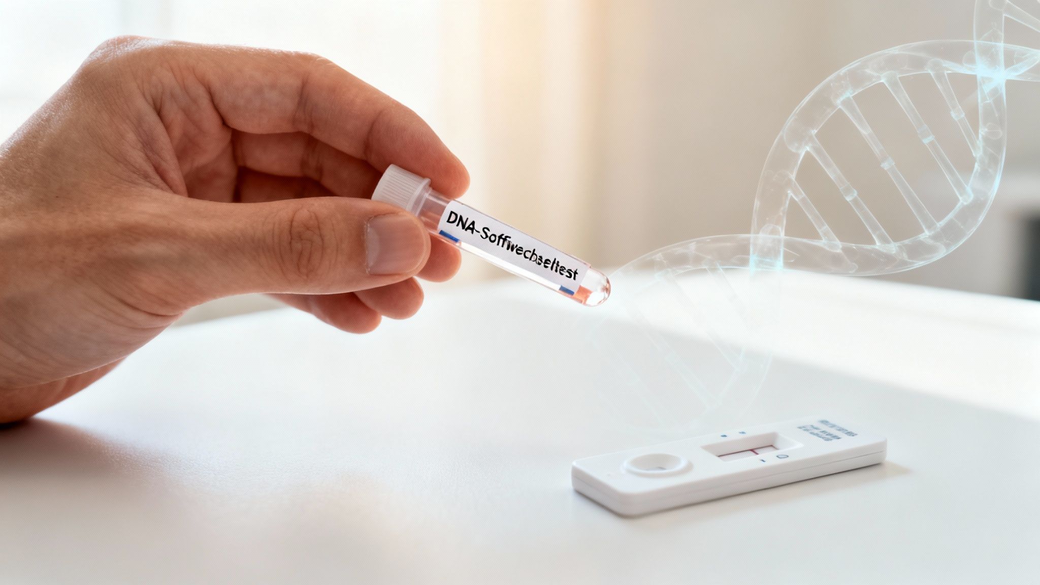 Hand hält Reagenzglas mit der Aufschrift „DNA-Stoffwechseltest“ neben einem Schnelltest und einer DNA-Helix.