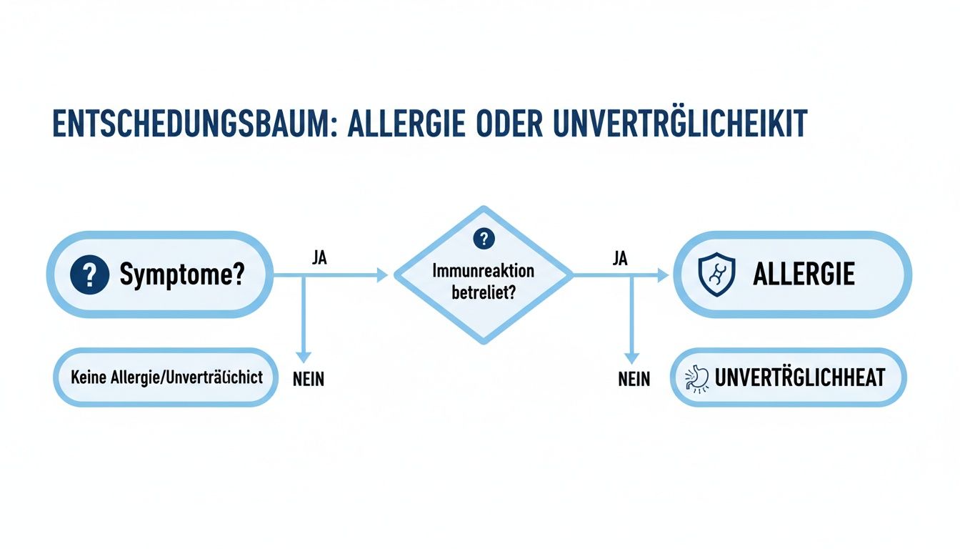 Flussdiagramm zur Unterscheidung zwischen Allergie und Unverträglichkeit basierend auf Symptomen und Immunreaktion.