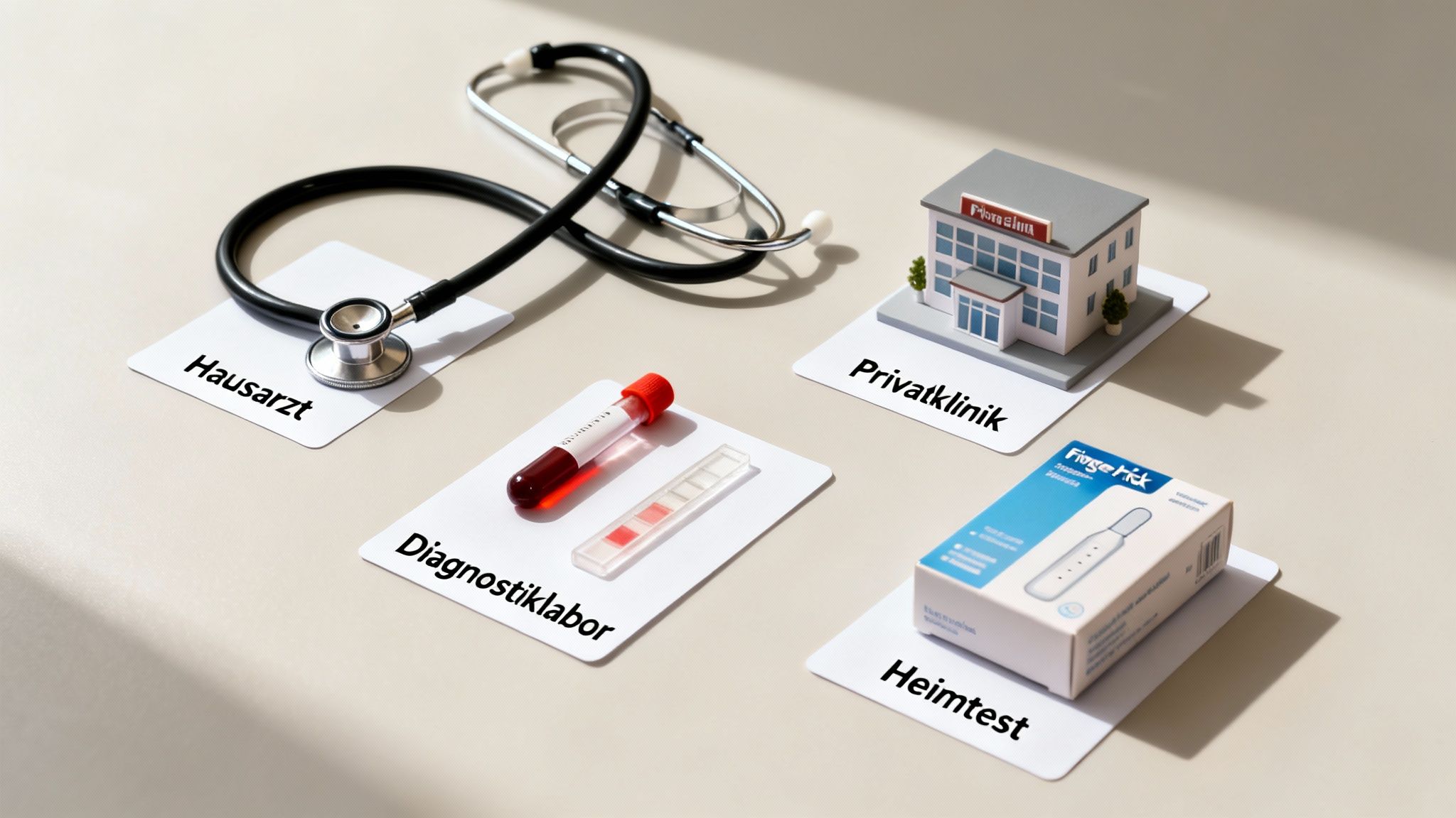 Darstellung verschiedener Optionen zur Stoffwechselanalyse, einschließlich Hausarzt, Privatklinik, Diagnostiklabor und Heimtest.