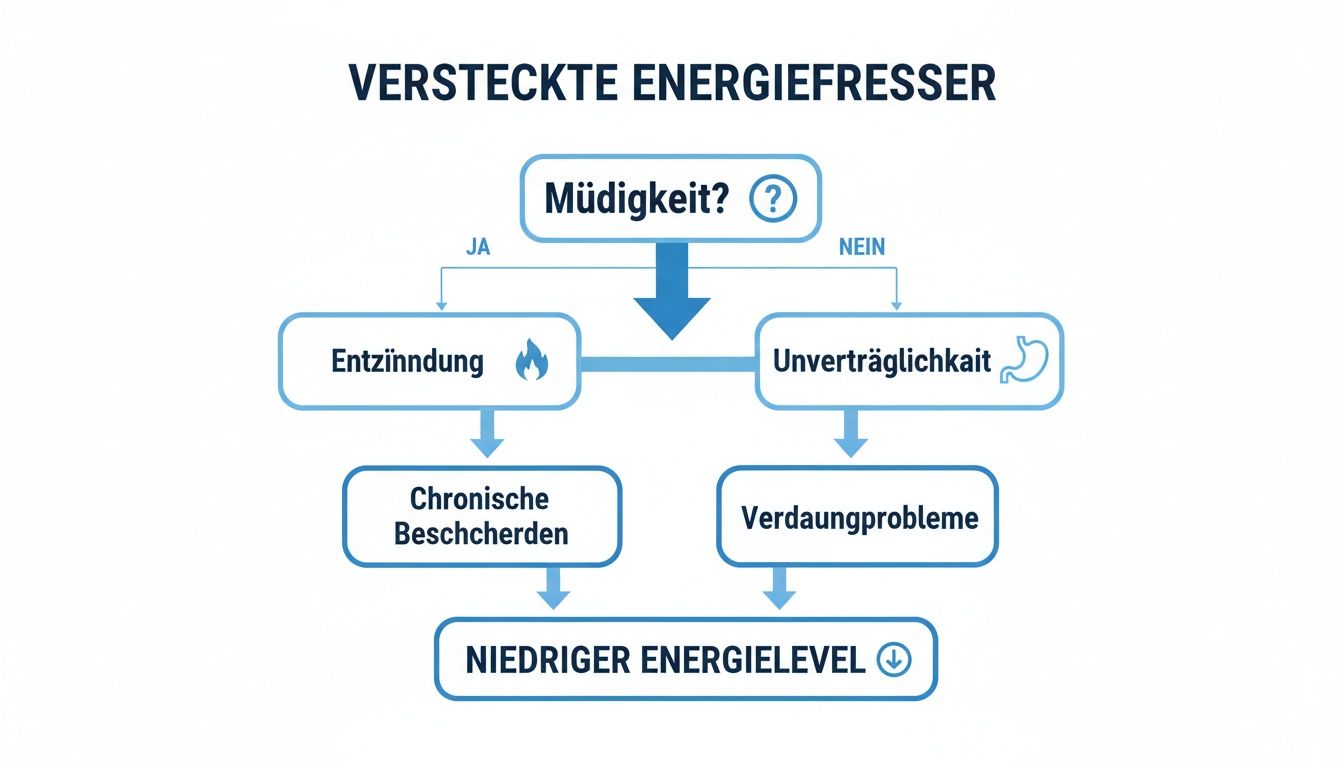Flussdiagramm zu versteckten Energiefressern: Müdigkeit führt zu Entzündungen oder Unverträglichkeiten und einem niedrigen Energielevel.