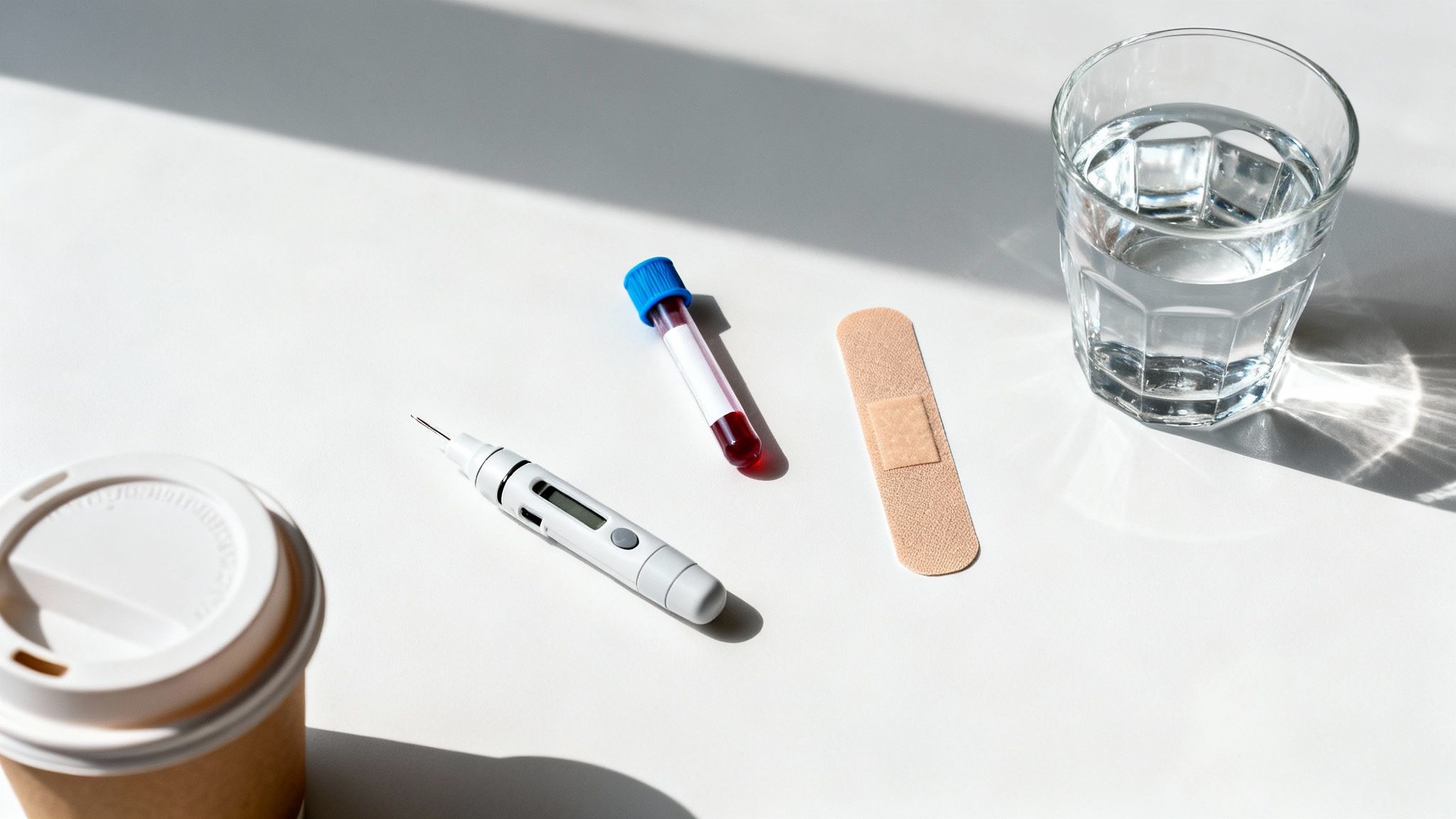 Medizinische Utensilien auf weißem Tisch: Kaffeetasse, Lanzettengerät, Blutröhrchen, Pflaster und Wasserglas in Sonnenlicht.