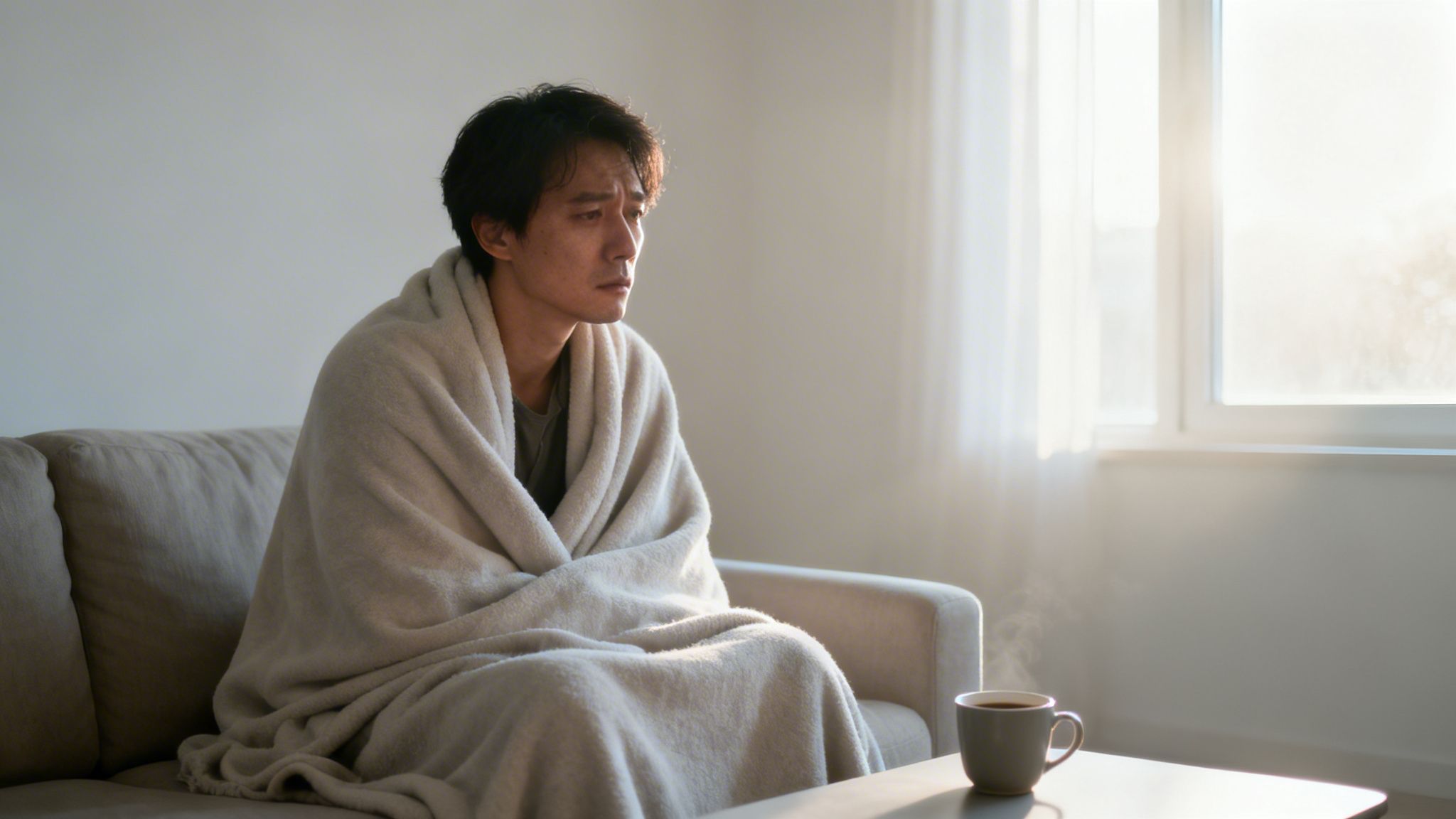 Un uomo esausto siede sul divano nella luce del mattino, avvolto in una coperta, con una bevanda calda.