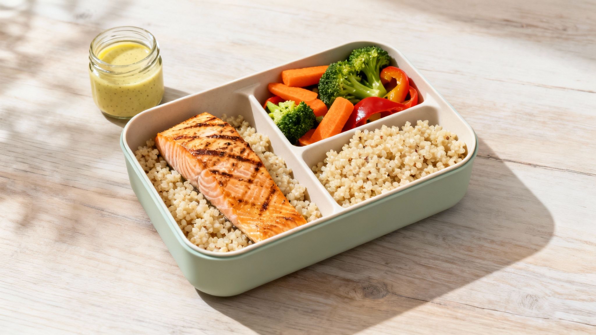 Eine gesunde Mahlzeit in einer Brotdose mit Lachs, Quinoa und gedämpftem Gemüse, dazu Dressing.