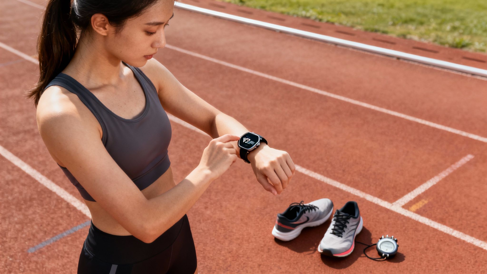 Eine Frau läuft auf einem Laufband in einem Labor, während ihre VO2max gemessen wird