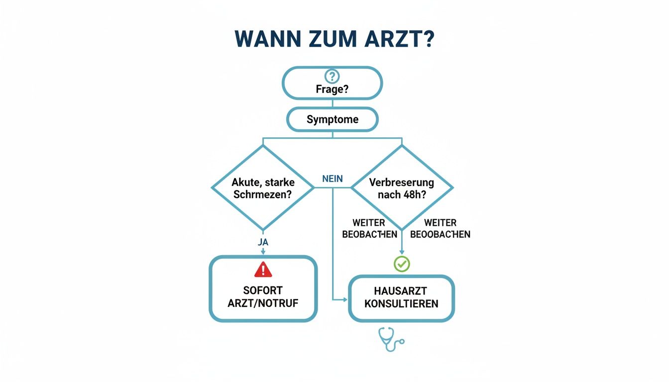 Diagramma di flusso per decidere quando richiedere assistenza medica o contattare i servizi di emergenza in caso di sintomi.