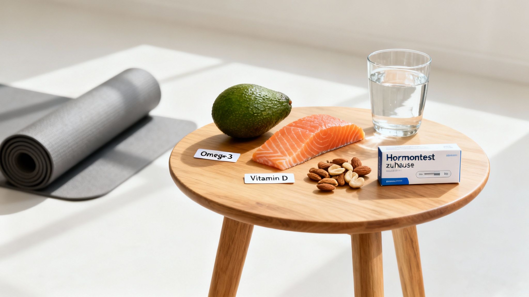 Hormontest zu Hause Set mit gesunden Lebensmitteln wie Lachs, Avocado, Nüssen und Wasser.