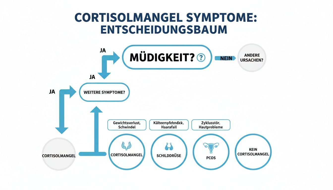 Decision tree for the detection of cortisol deficiency symptoms, including fatigue and other specific signs.