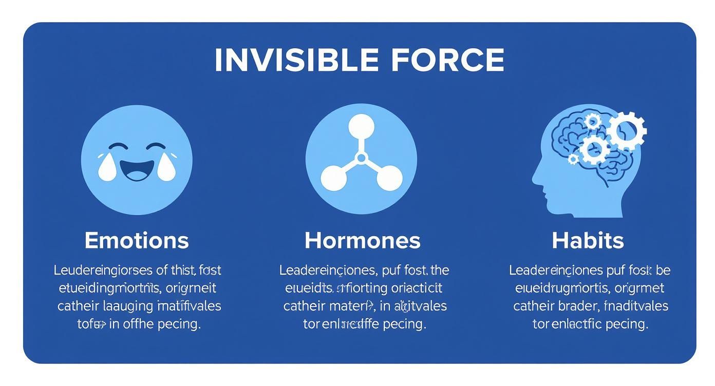 Infografik über die unsichtbaren Kräfte Emotionen, Hormone und Gewohnheit, die das Essverhalten beeinflussen.
