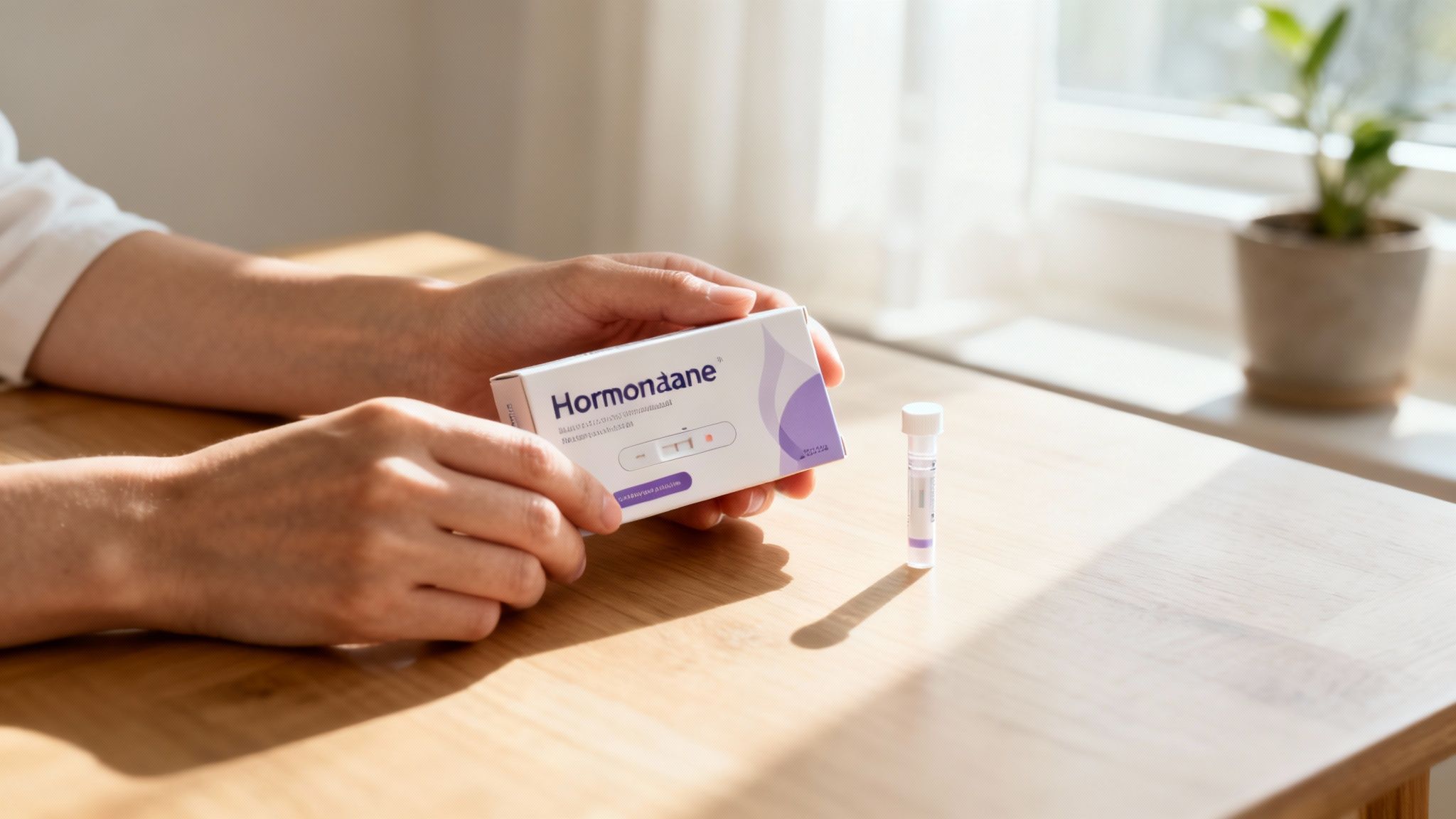 Eine Person hält ein Hormontest-Kit für zu Hause in den Händen. Auf dem Holztisch daneben steht ein Probenröhrchen.